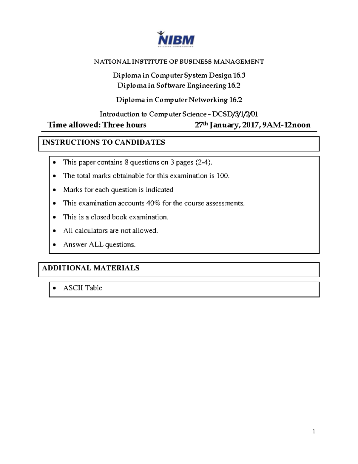 NIBM Diploma in Computer Science Exam - 27 Jan 2017 - Studocu