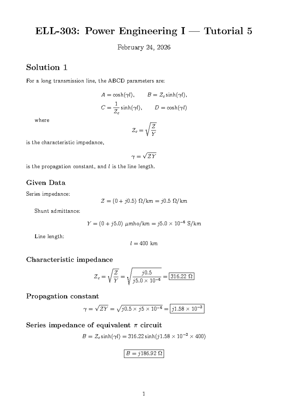 Power Engineering I Tutorial 5 Solutions - February 2026 - Studocu