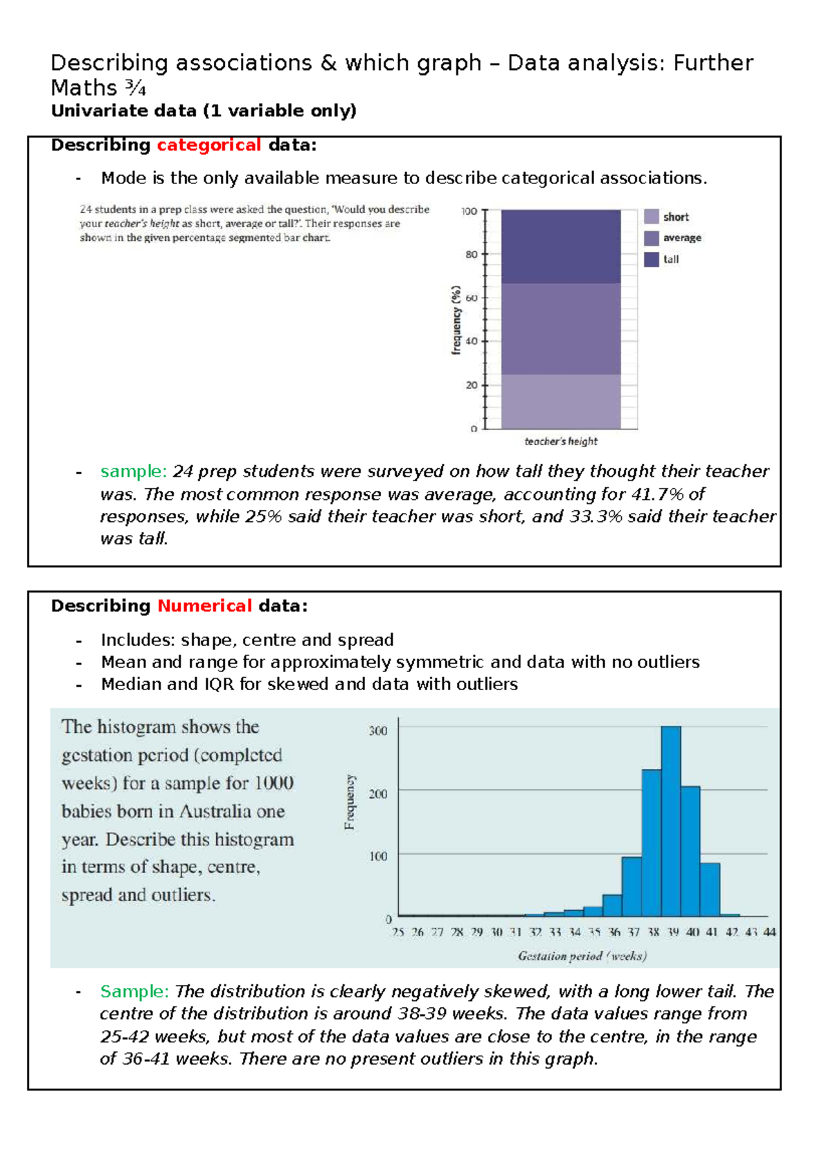 Describing Associations in Data Analysis: Further Maths ¾ Univariate ...