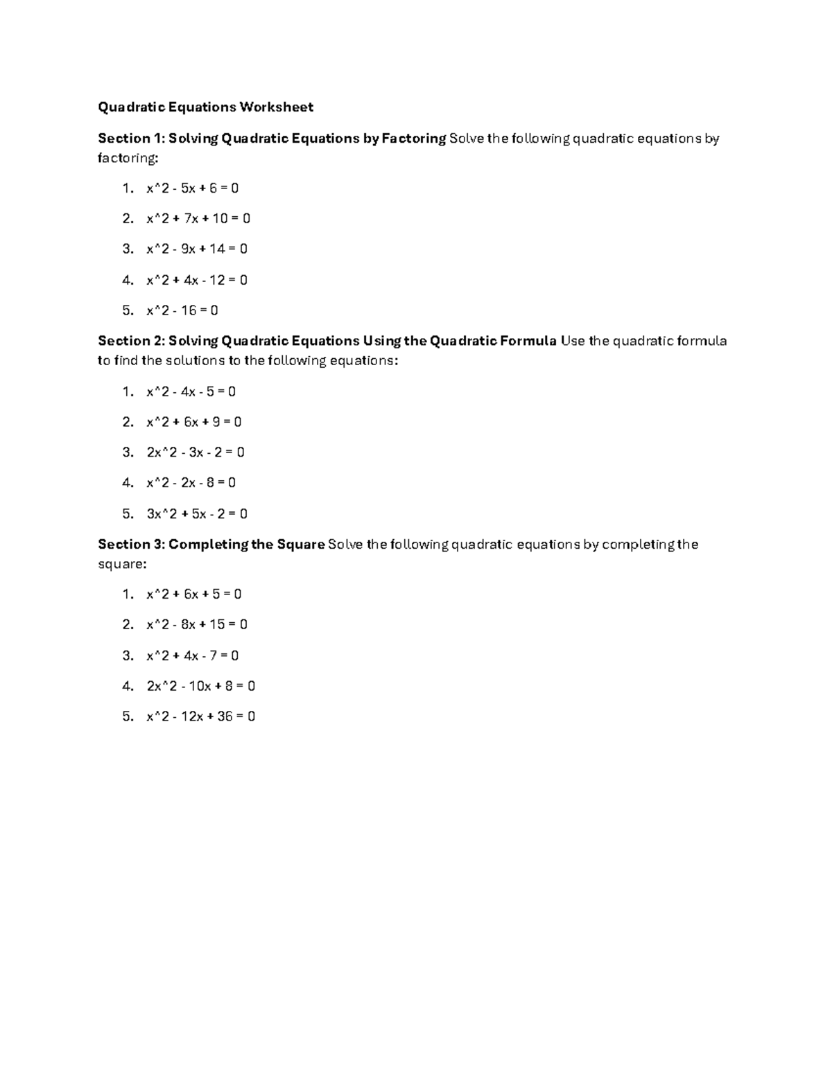 Quadratics practice maths - Quadratic Equations Worksheet Section 1 ...