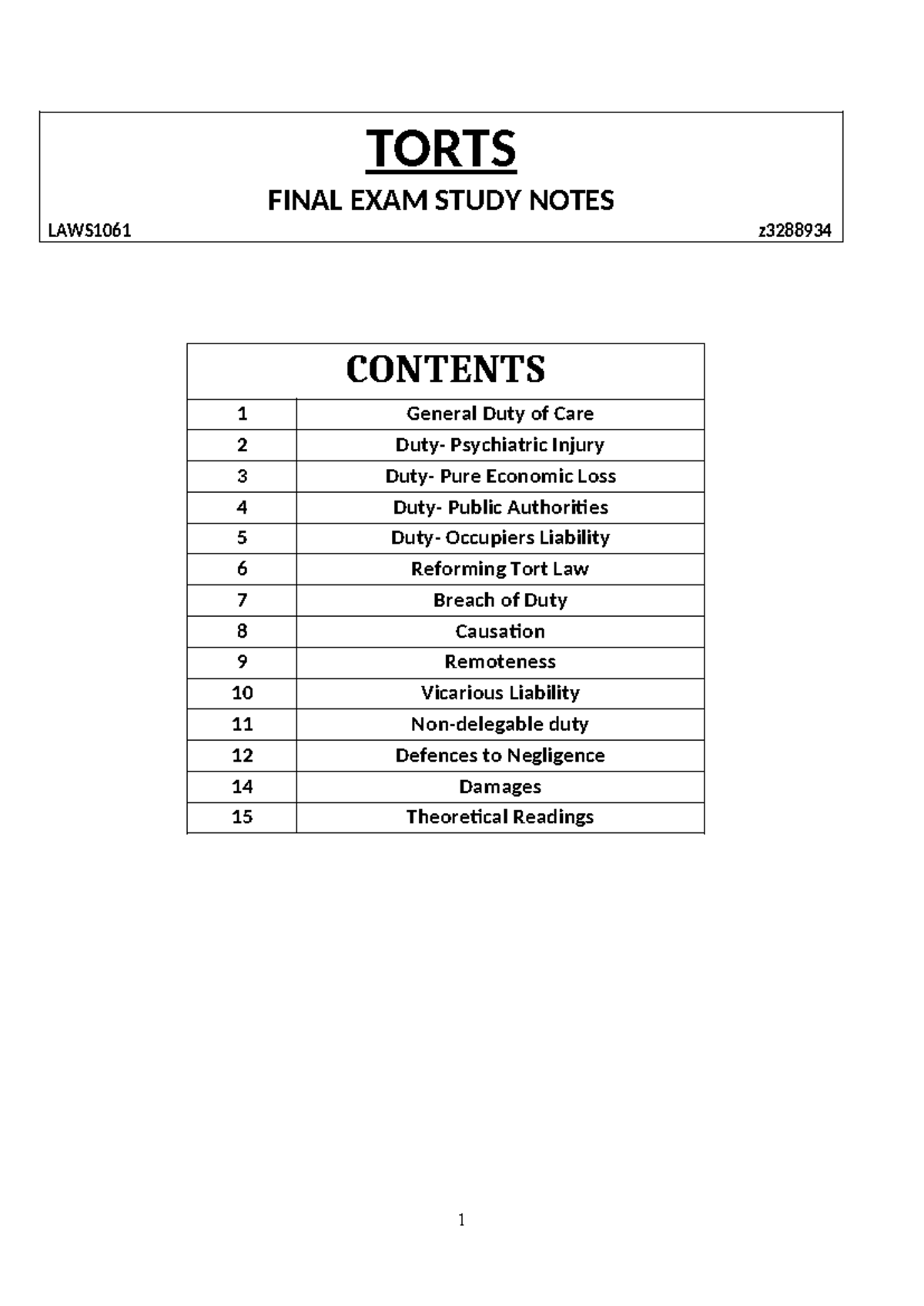 TORTS 1061 FINAL EXAM STUDY NOTES: DUTY OF CARE & NEGLIGENCE - Studocu