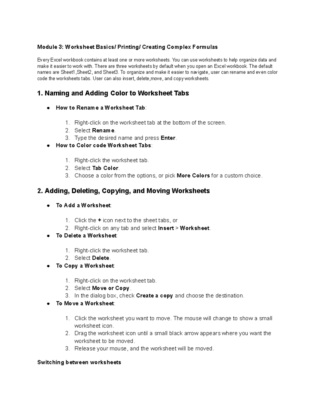 BIT Module 3 Summary: Excel Worksheet Management & Complex Formulas ...