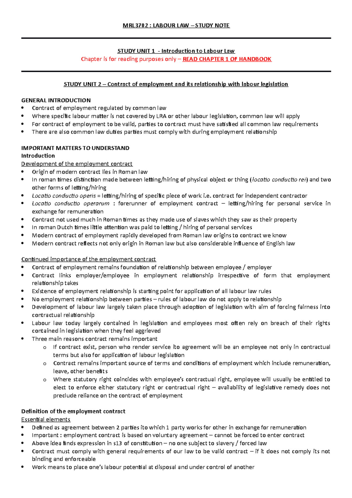 MRL3702 - Labour Law Study Notes: Key Contractual Concepts - Studocu