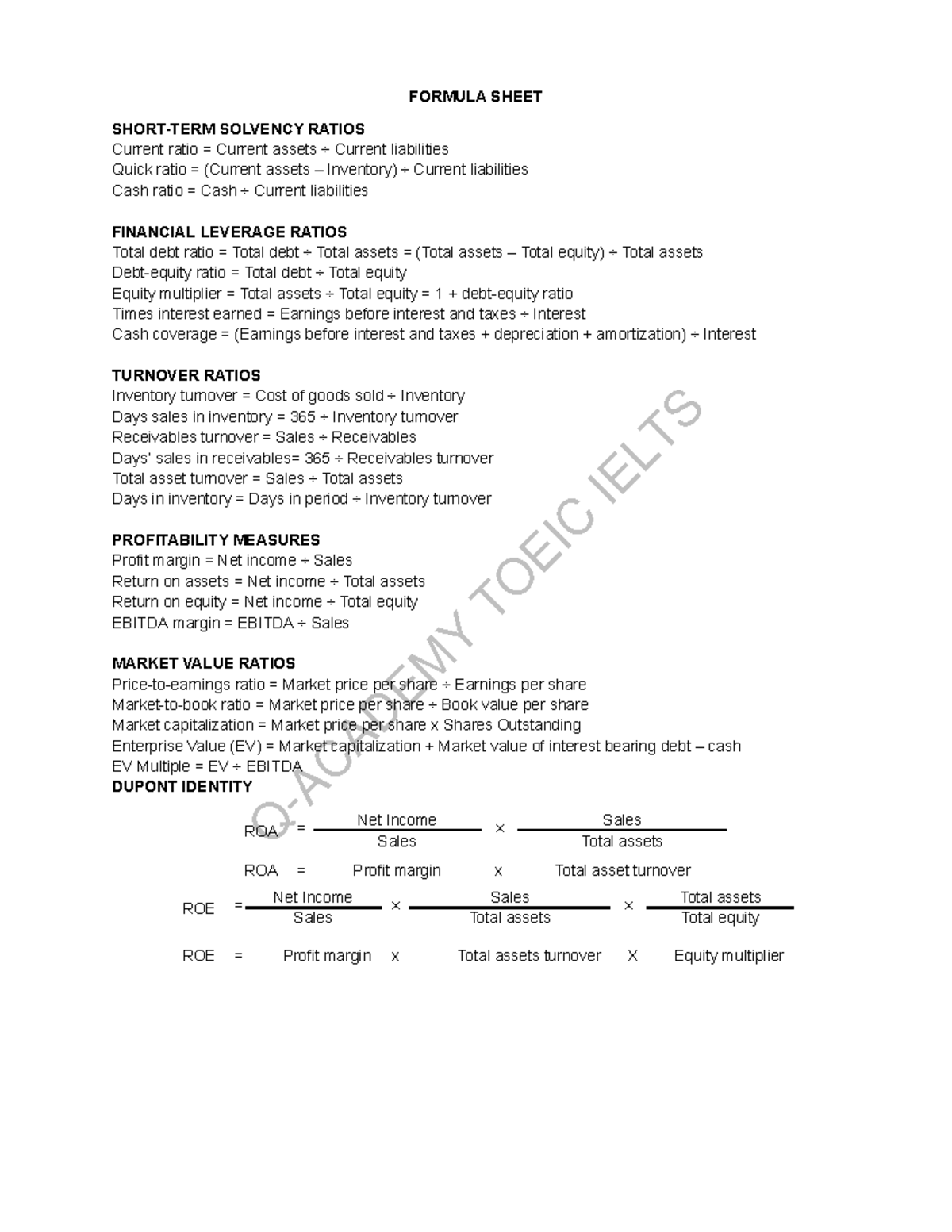 Q- Academy Formula Sheet - FORMULA SHEET SHORT-TERM SOLVENCY RATIOS ...