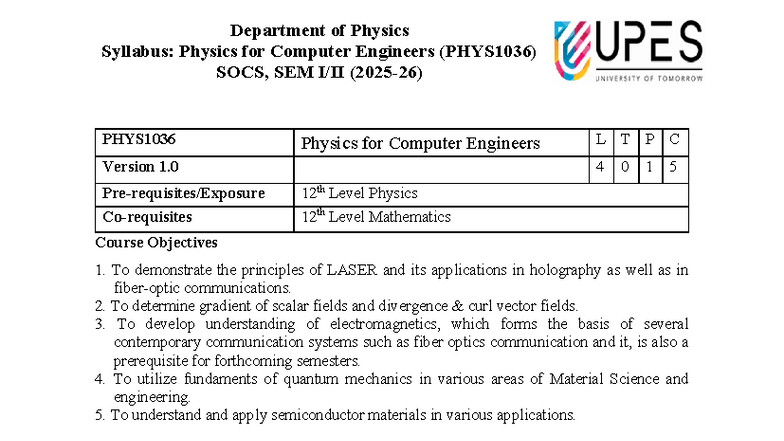 Physics for Computer Engineers Syllabus (PHYS1036) - SEM I - Studocu