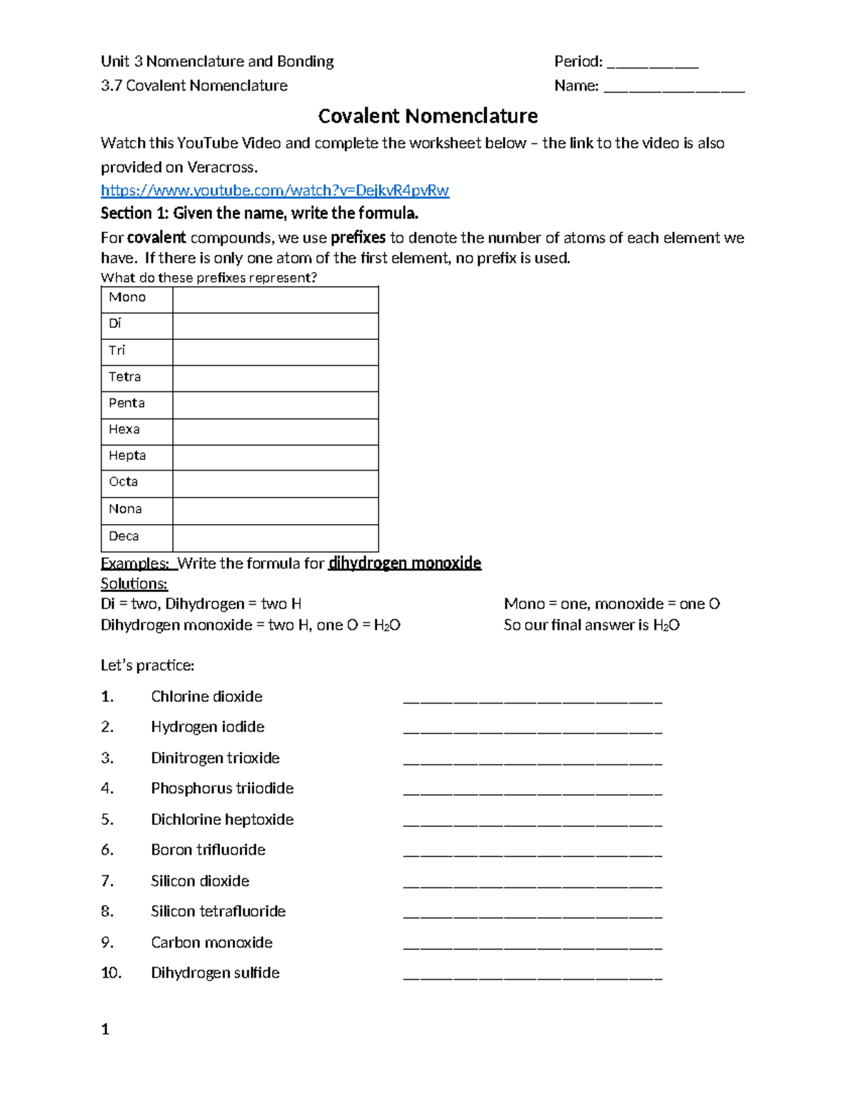 3.7 Covalent Nomeclature - Unit 3 Nomenclature and Bonding Period ...