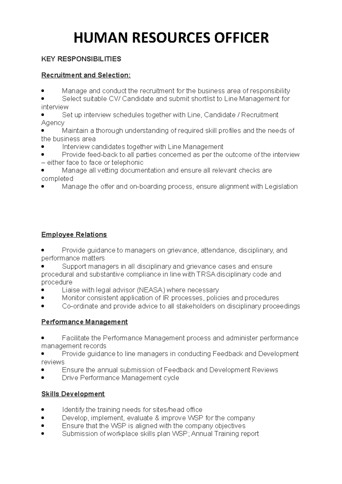 KEY Responsibilities - HUMAN RESOURCES OFFICER KEY RESPONSIBILITIES ...