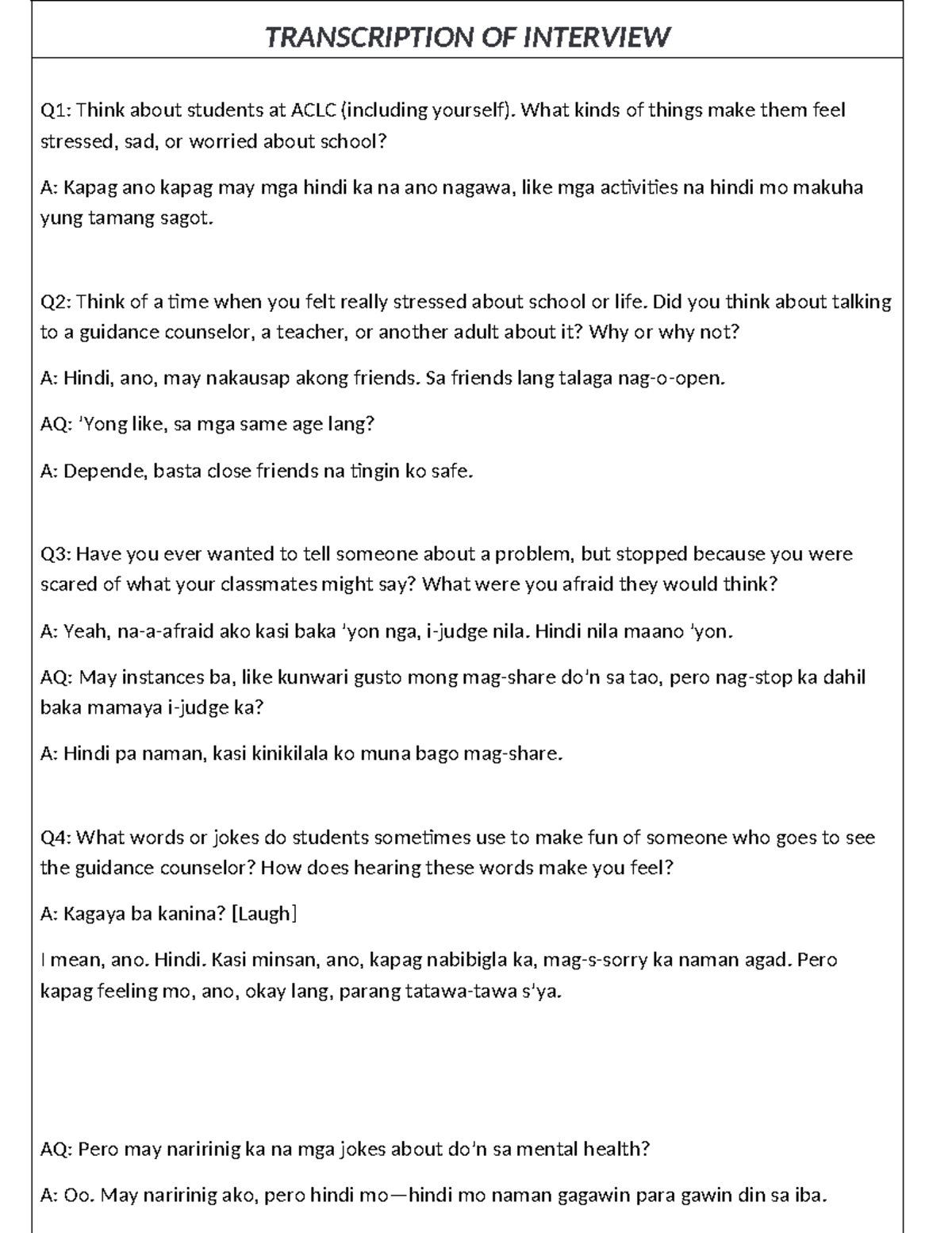ACLC Student Interview Transcription on Stress and Support - Studocu