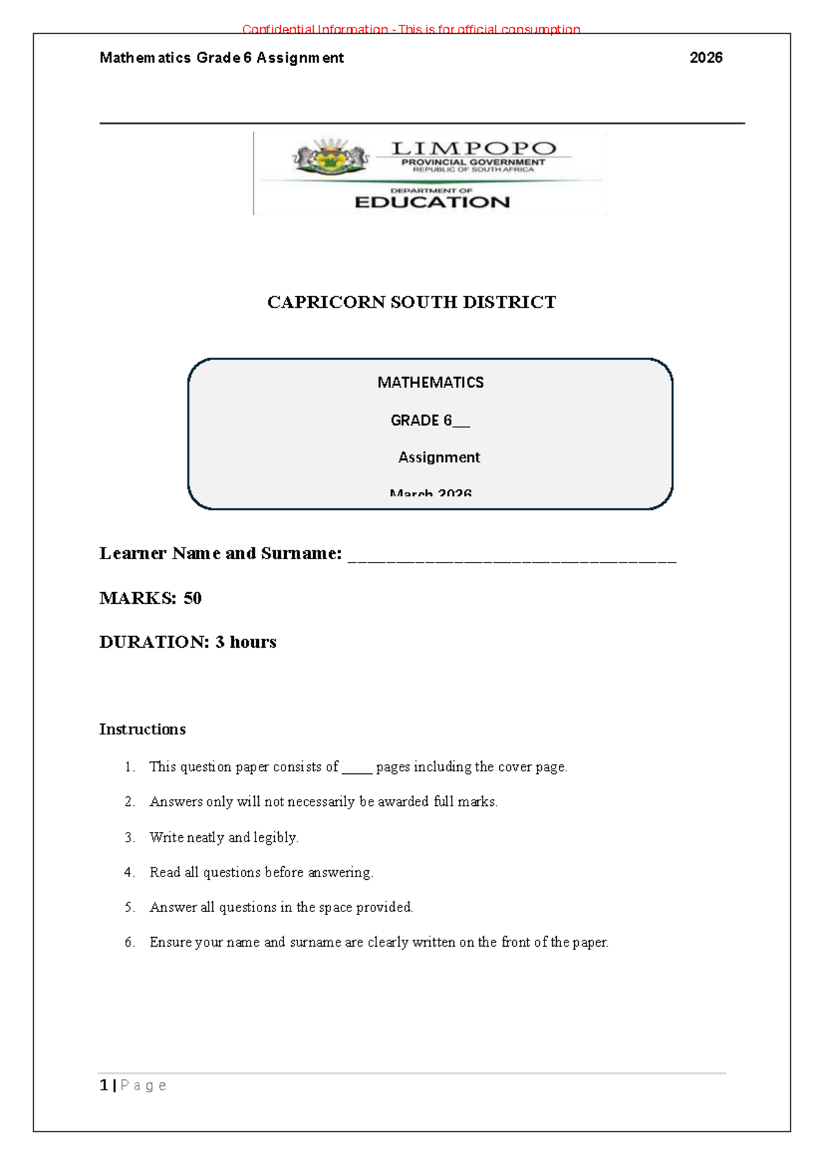 Grade 6 Mathematics Term 1 Assignment 2026 - Studocu