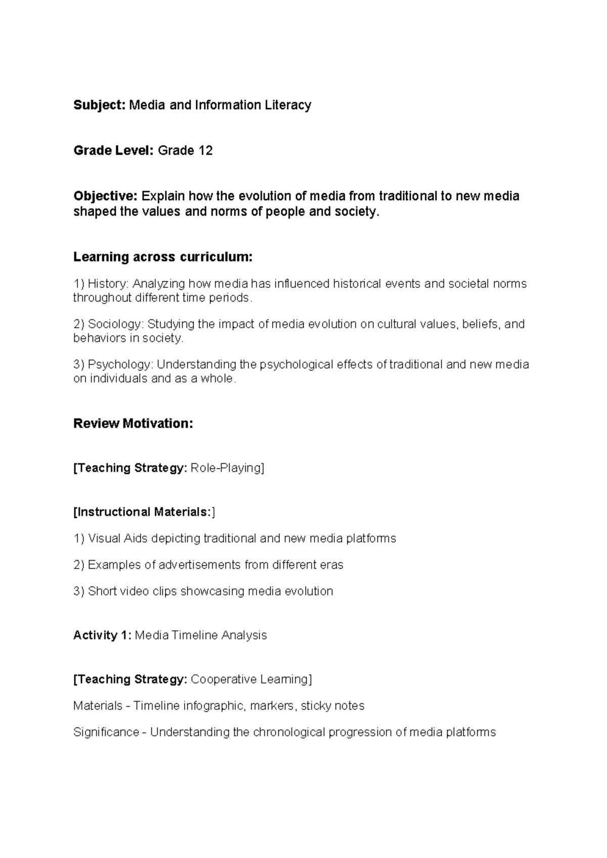 MIL 12: Lesson Plan on Media Evolution and Societal Values - Studocu