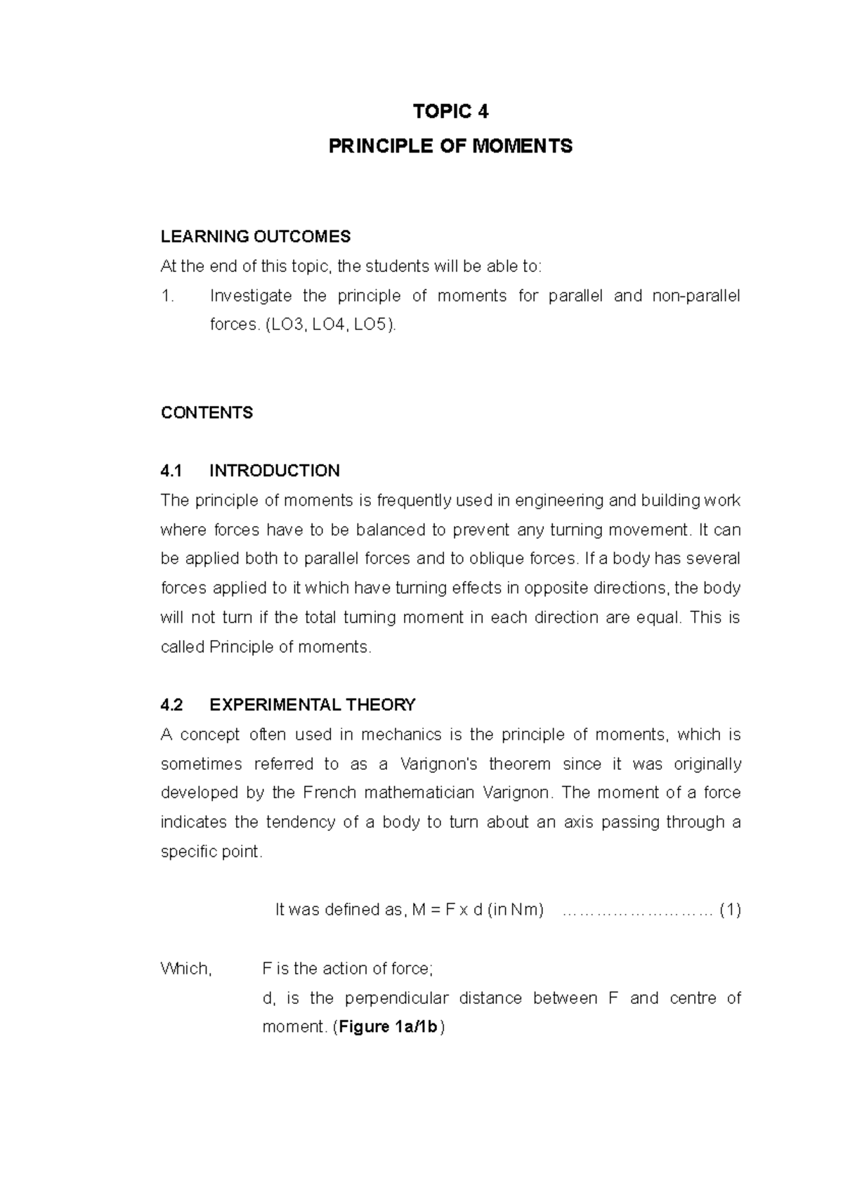 Statics: Principle of Moments - Learning Outcomes & Experiments - Studocu