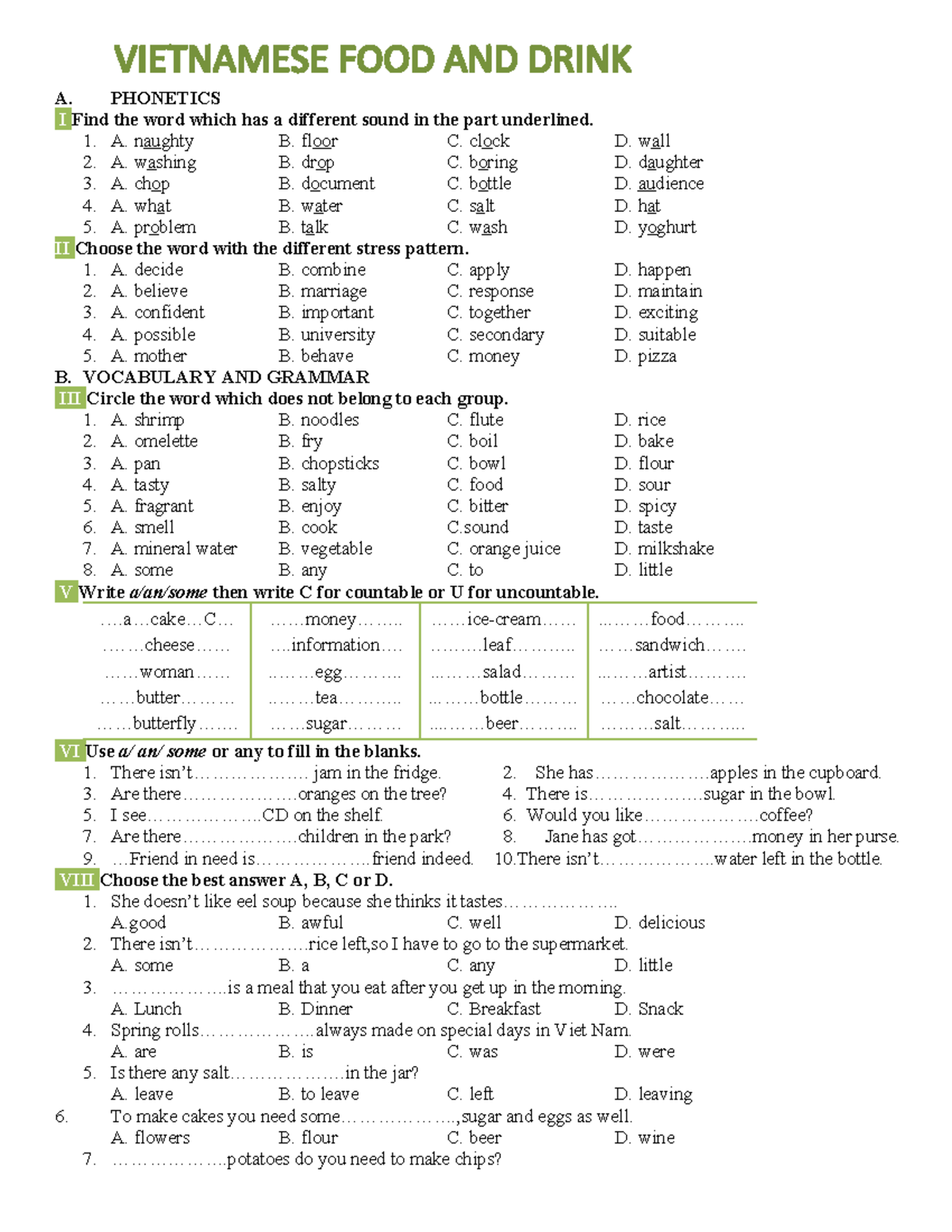 VIETNAMESE FOOD AND DRINK: PHONETICS & VOCABULARY EXERCISES - Studocu