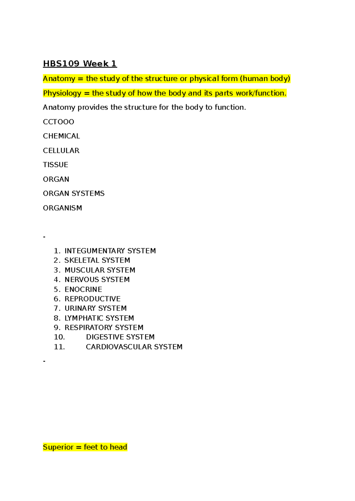 HBS109 Week 1: Anatomy and Physiology Overview of Human Body Systems ...