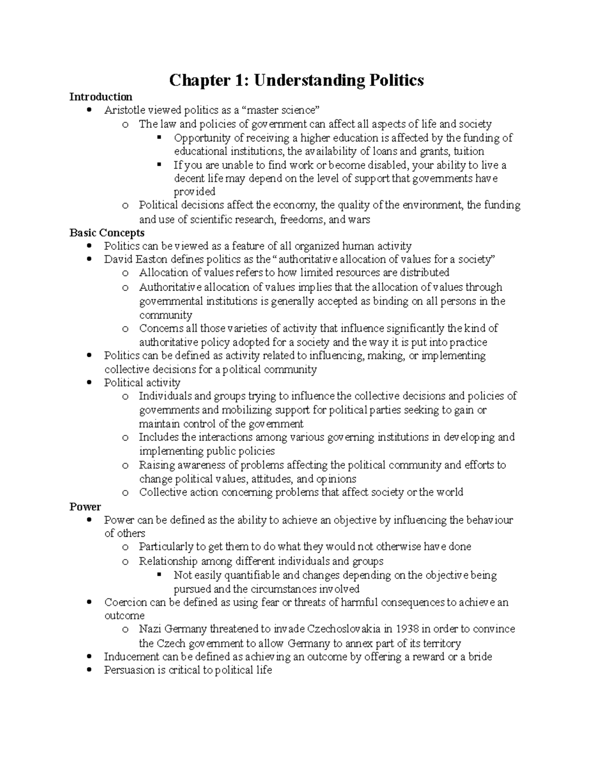 Chapter 1 Textbook Notes - Chapter 1: Understanding Politics ...