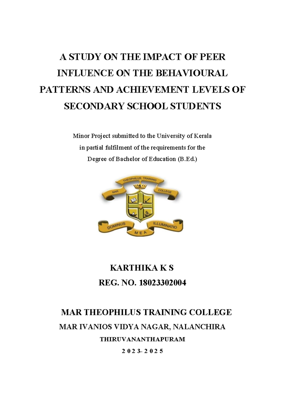 Minor Project - Peer Influence on Behaviour & Achievement in Secondary ...