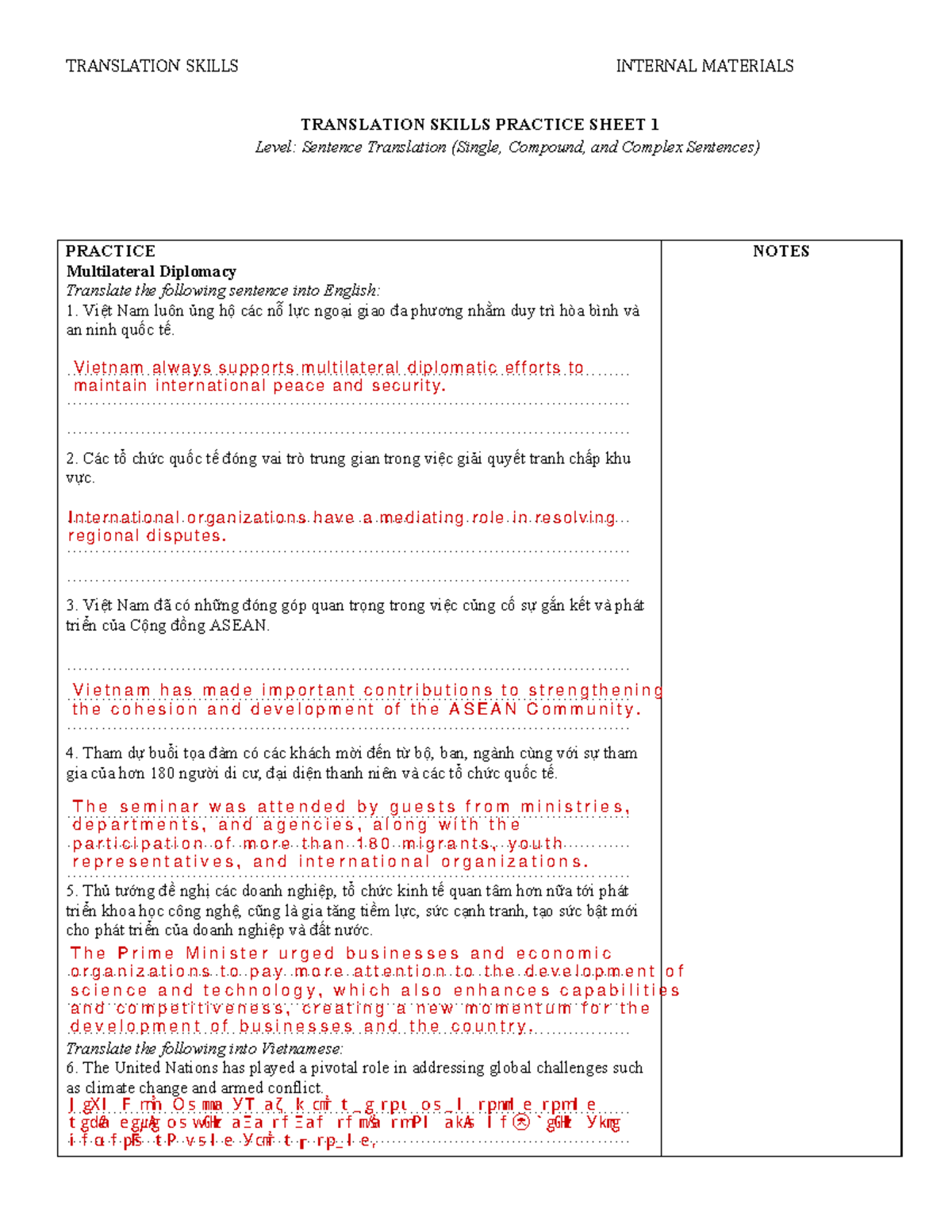 Translation Skills Practice Sheet 1: Sentence Translation Exercises ...