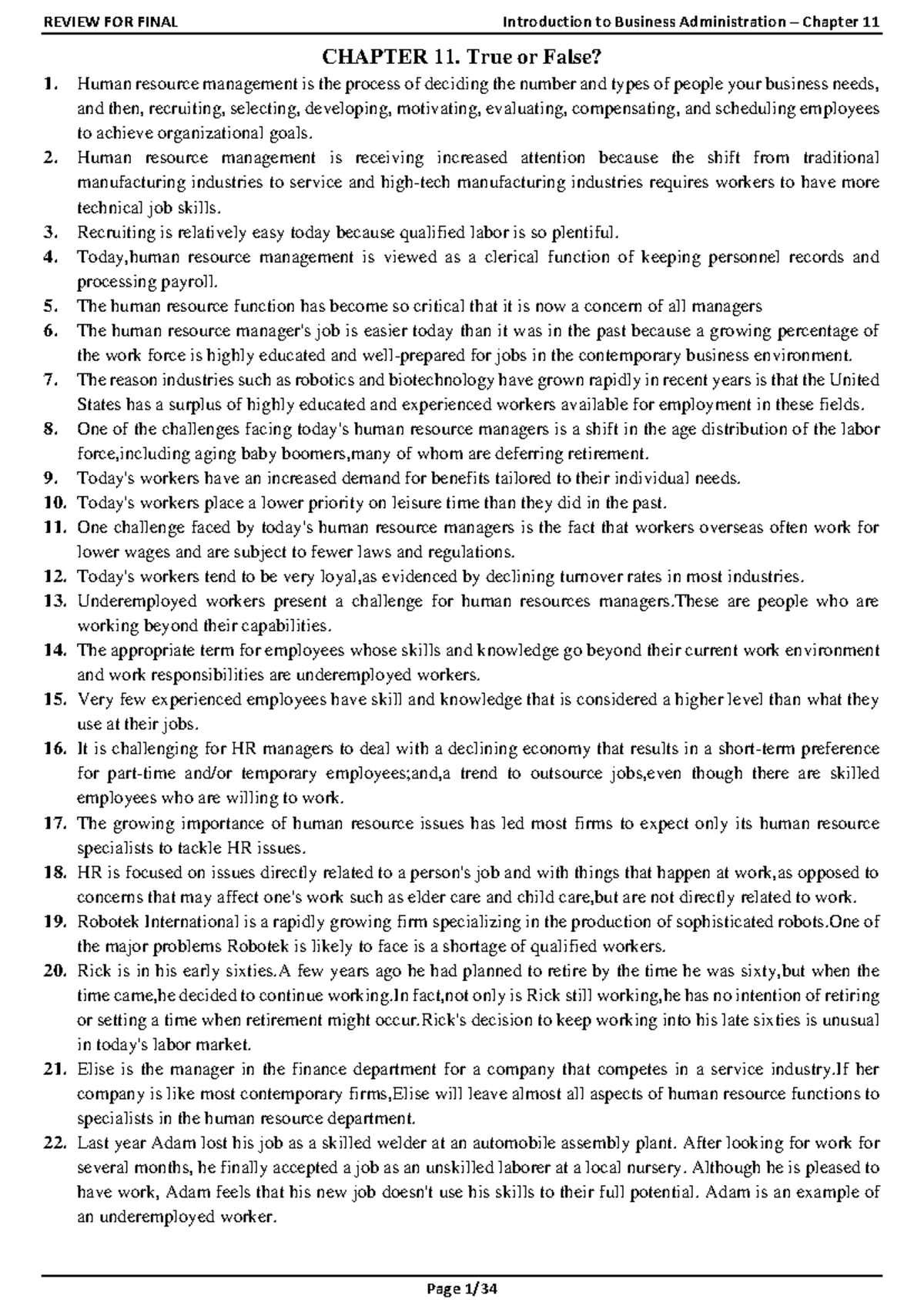REVIEW FOR FINAL: Introduction to Business Administration - Chapter 11 ...