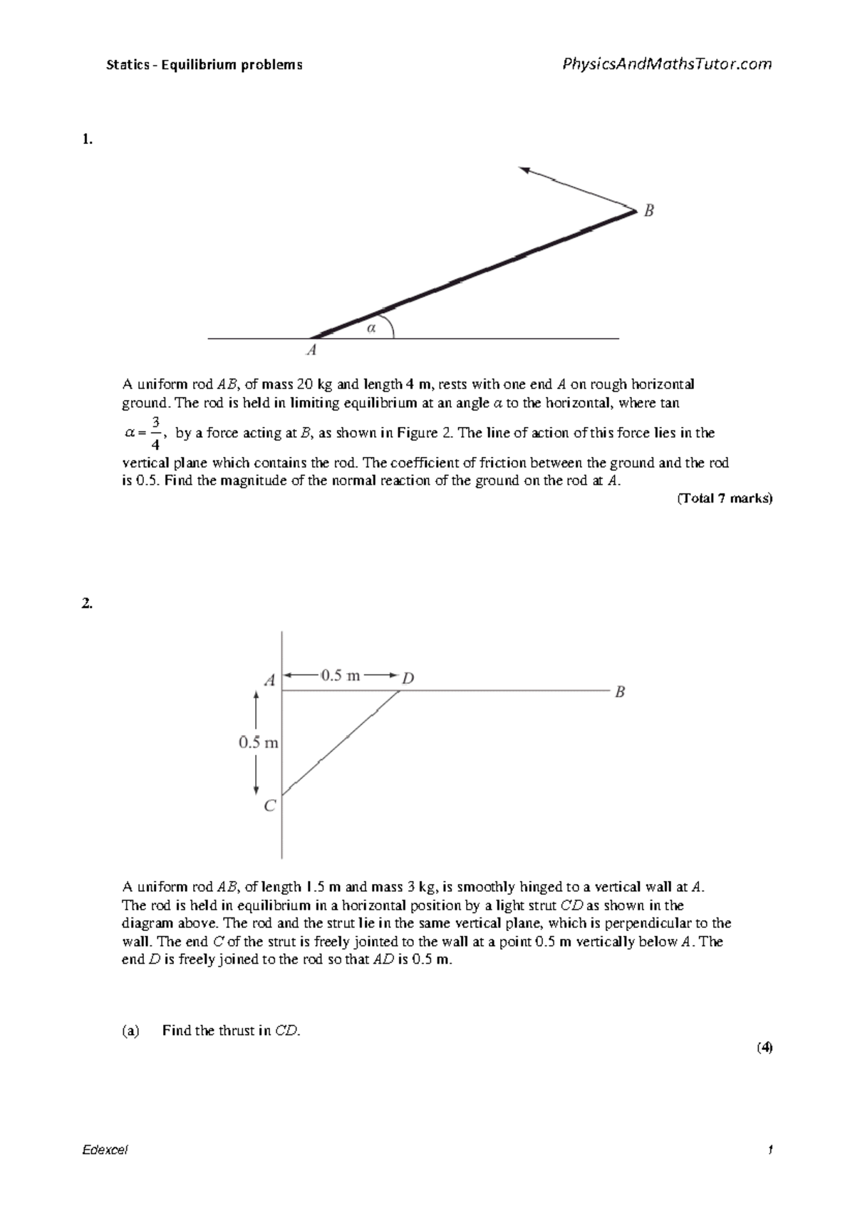 Edexcel Statics - Equilibrium Problems and Solutions - Studocu