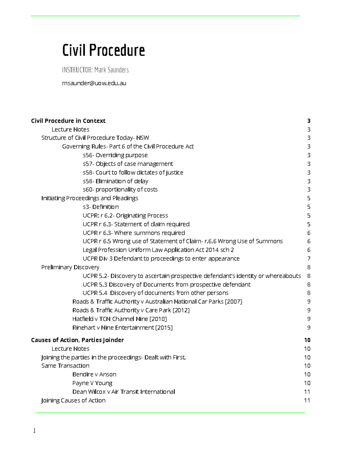 Civil Procedure Notes - Civil Procedure INSTRUCTOR: Mark Saunders Civil ...