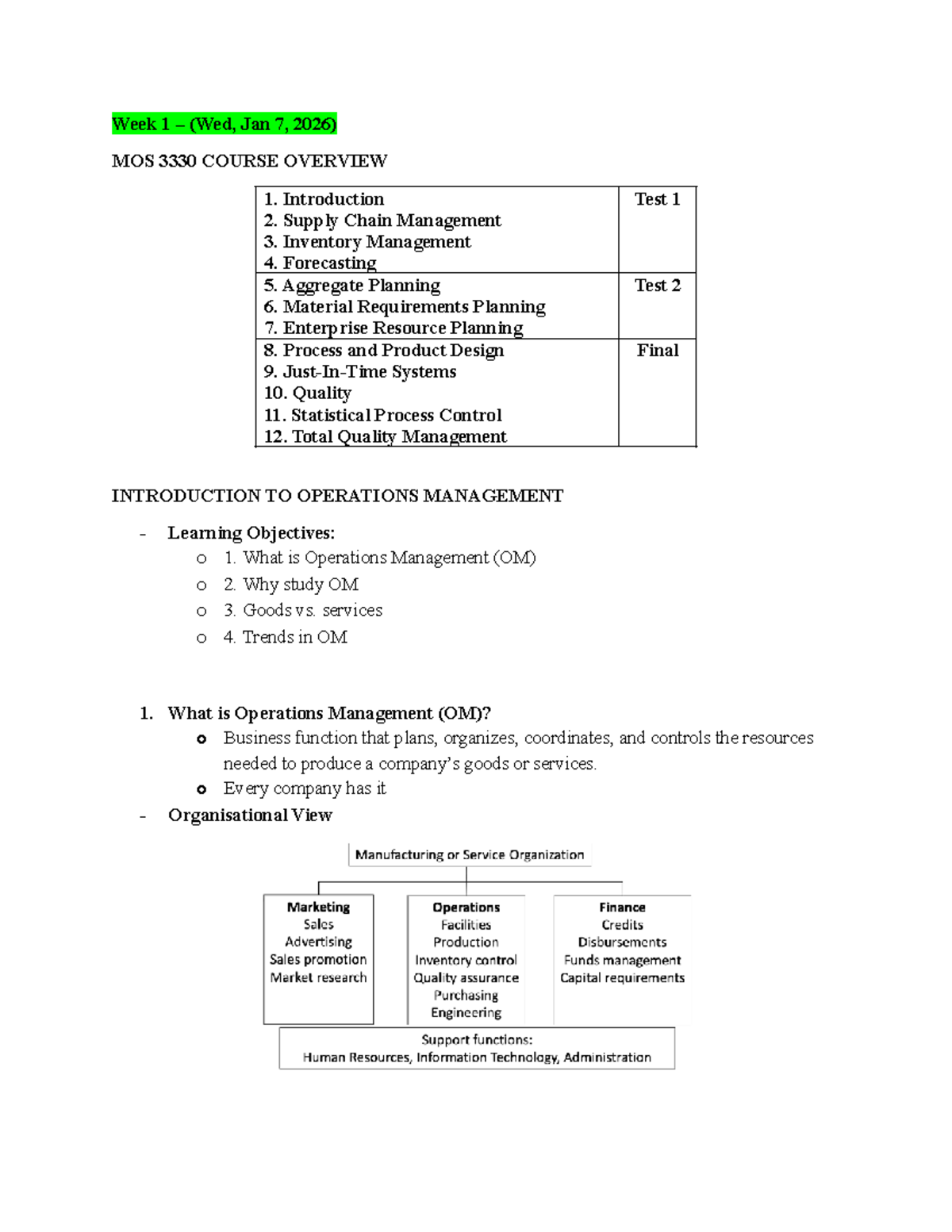 Week 1 - MOS 101: Operations Management Course Overview - Studocu