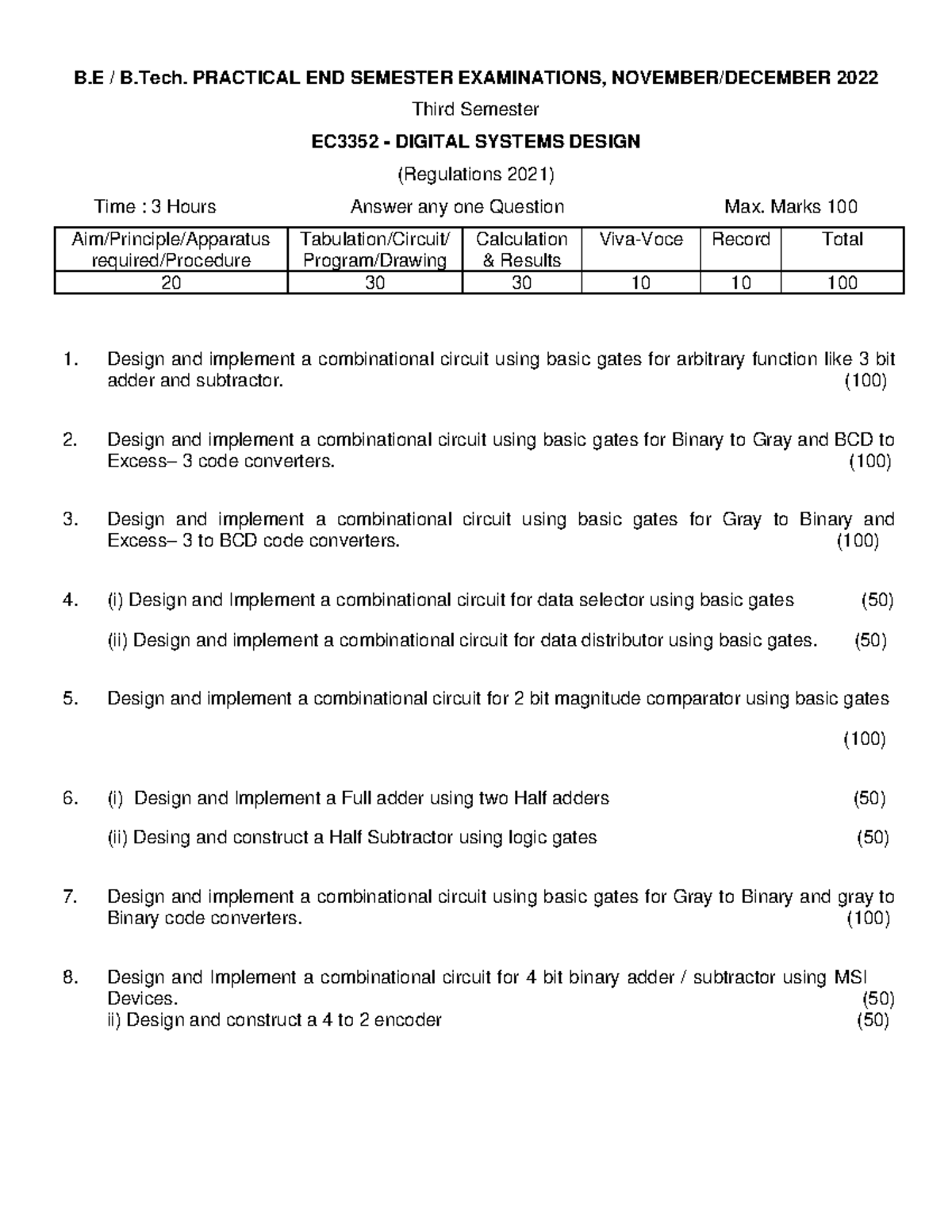 EC3352 Digital Systems Design Practical Exam Record - Set 3 - Studocu