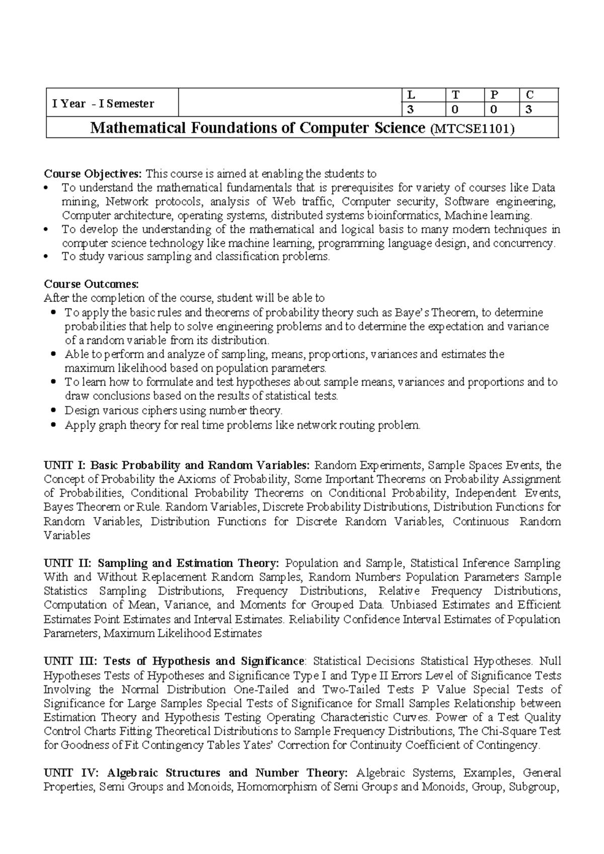Mathematical Foundations of Computer Science Syllabus (MTCSE1101) - Studocu
