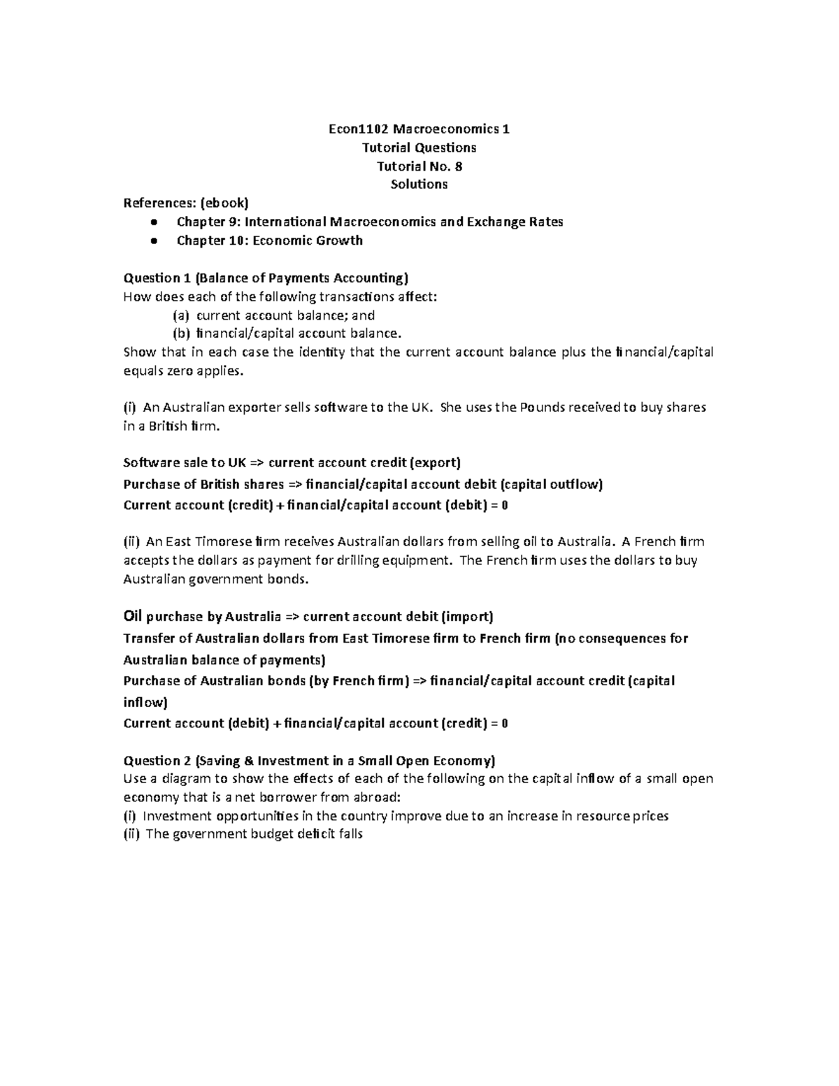 Tutorial No 8 T2 W10 sol - SOLUTION - Econ1102 Macroeconomics 1 ...