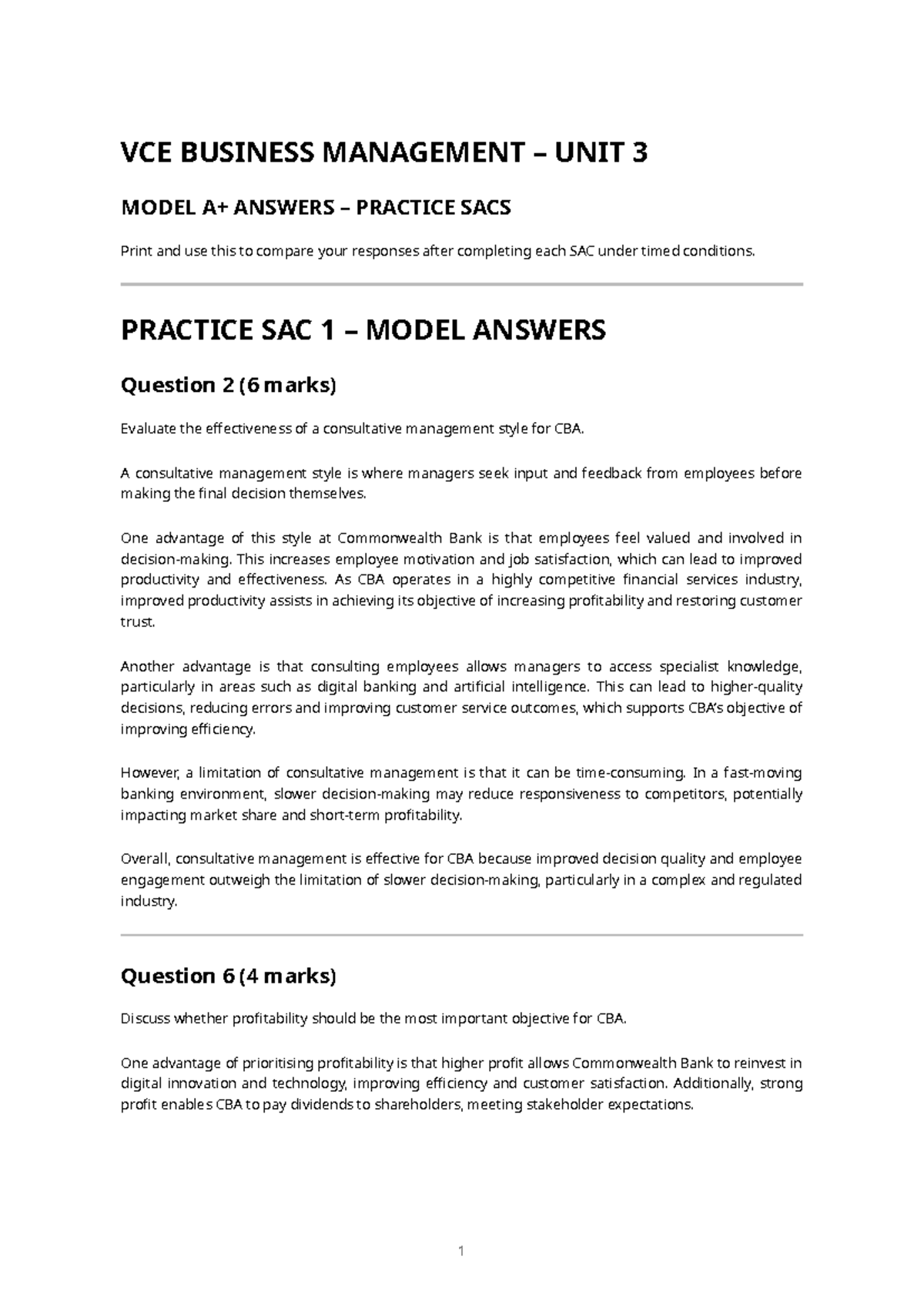VCE BUSINESS MANAGEMENT UNIT 3 PRACTICE SAC MODEL ANSWERS - Studocu