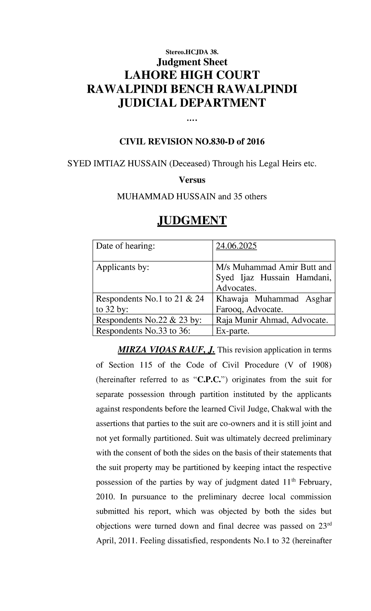 Civil Revision 2016: Judgment Analysis of Lahore High Court Case - Studocu