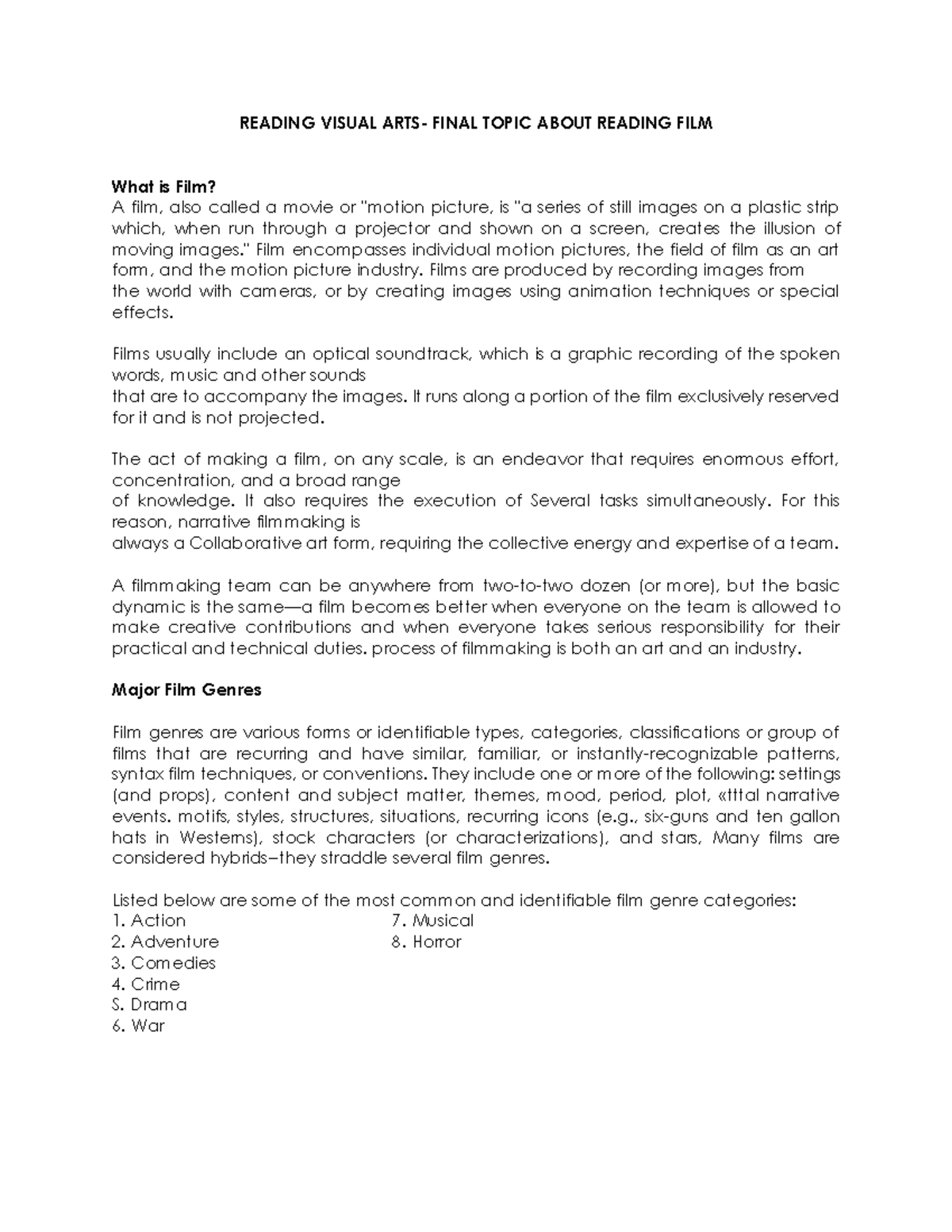 Reading Film: Final Topic Analysis and Genres - FILM 101 - Studocu