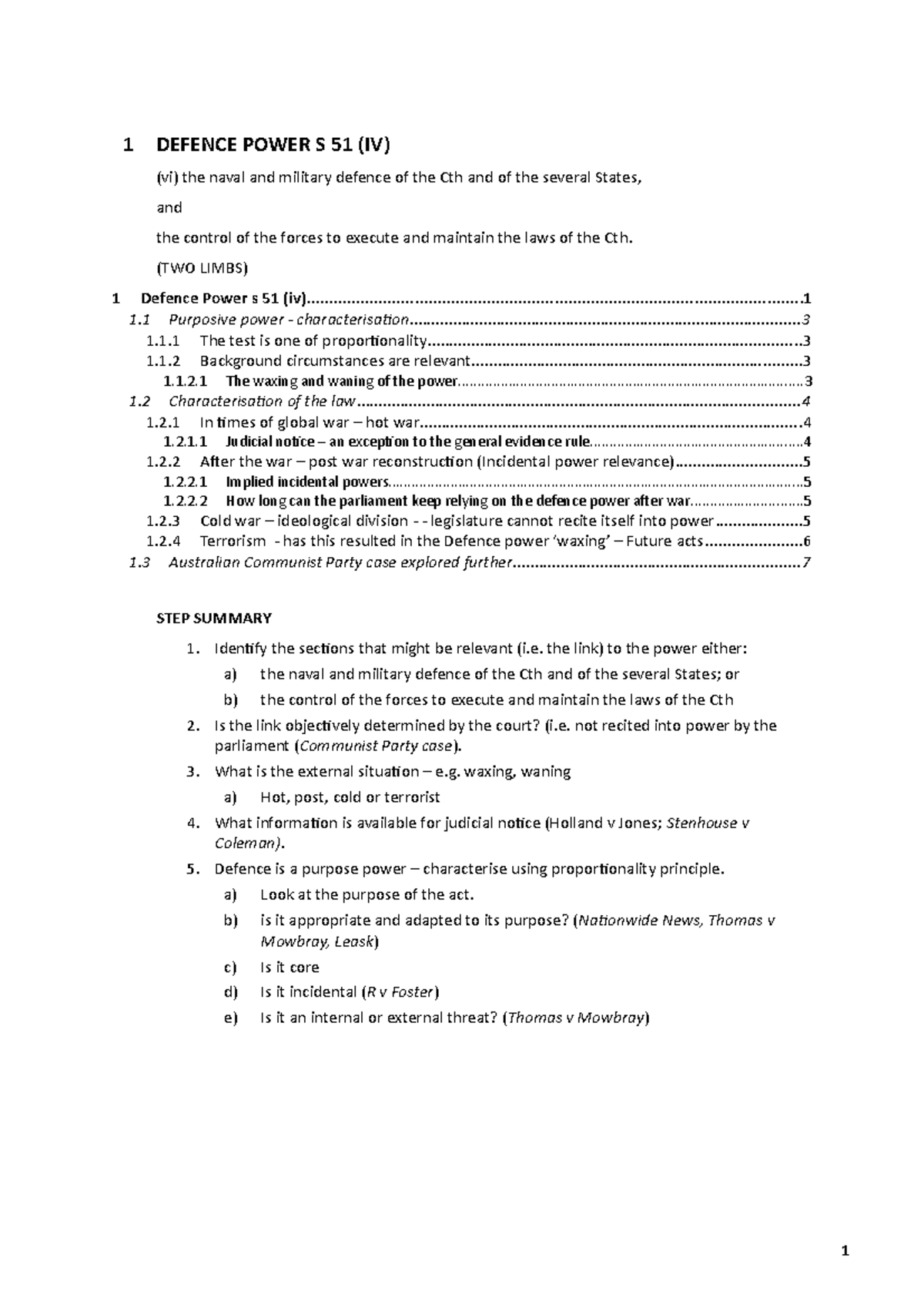 LAWS4001 Defence Power Exam Summary Final - 1 DEFENCE POWER S 51 (IV ...