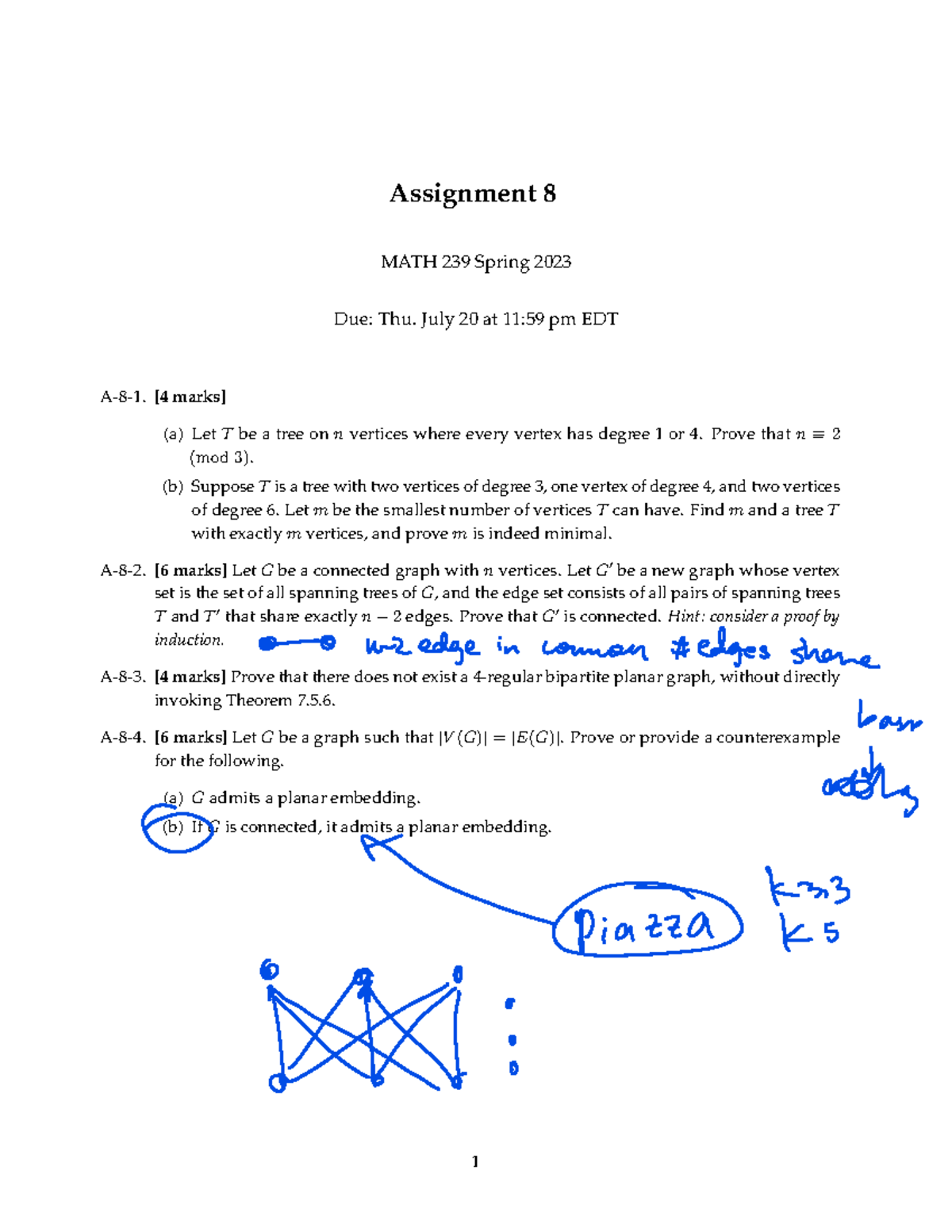 MATH 239 Assignment 8: Graph Theory Problems and Proofs - Studocu