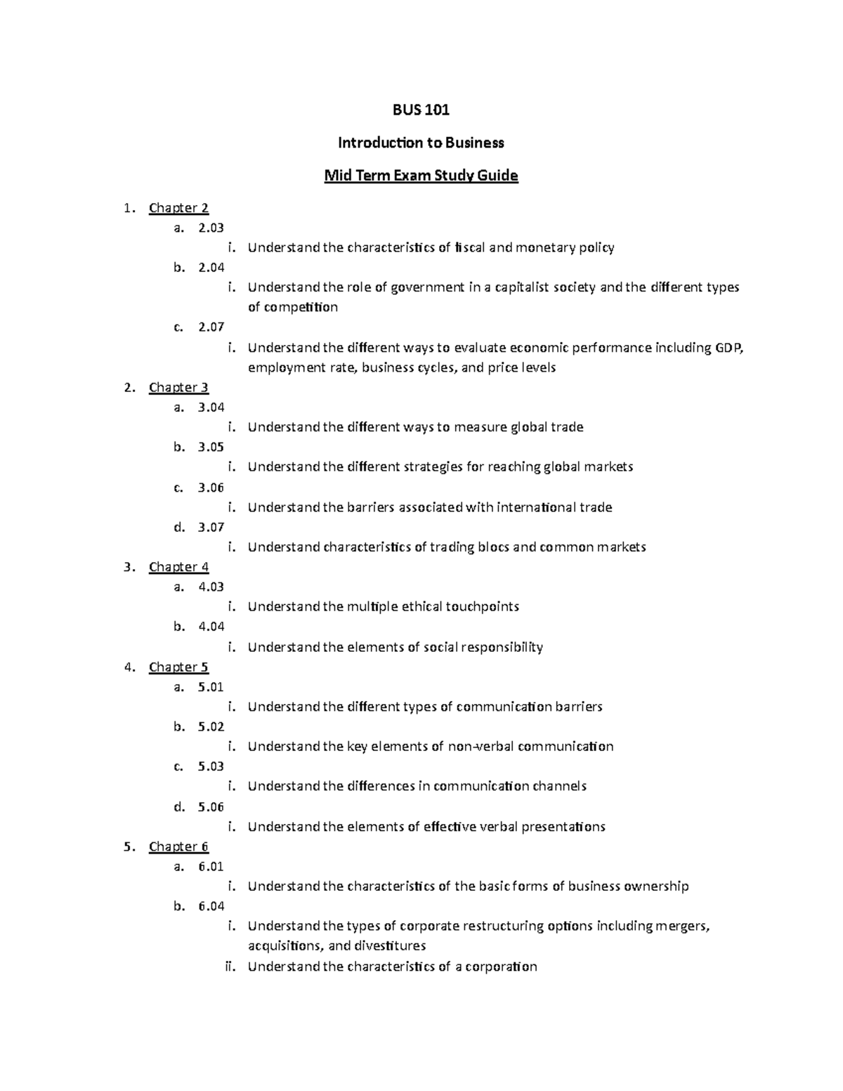 BUS 101 Midterm Exam Study Guide - Key Concepts and Chapters - Studocu