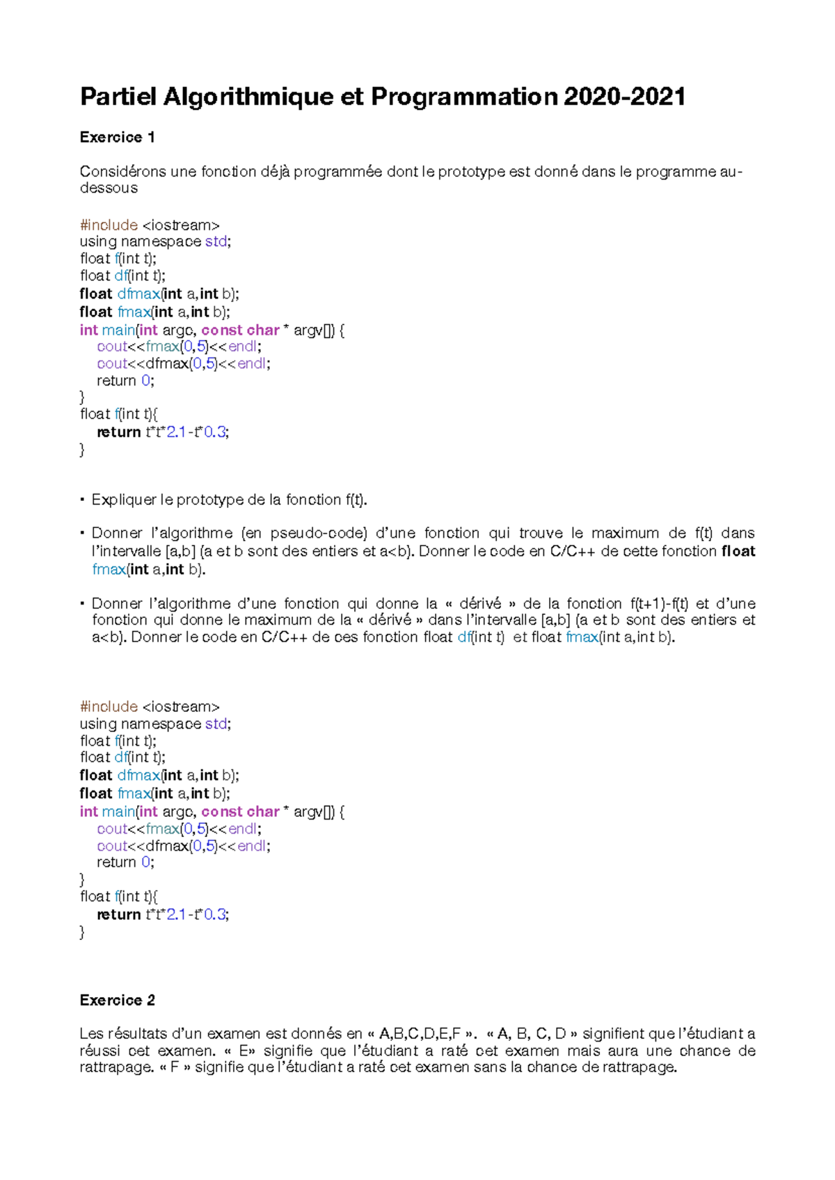 Examen 2020: Algorithmes et Programmation - Exercice 1 et 2 - Studocu