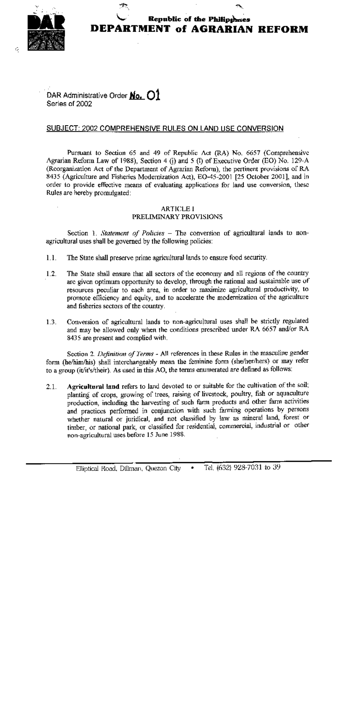 DAR A.O. No. 1, Series of 2002: Comprehensive Review and Analysis - Studocu