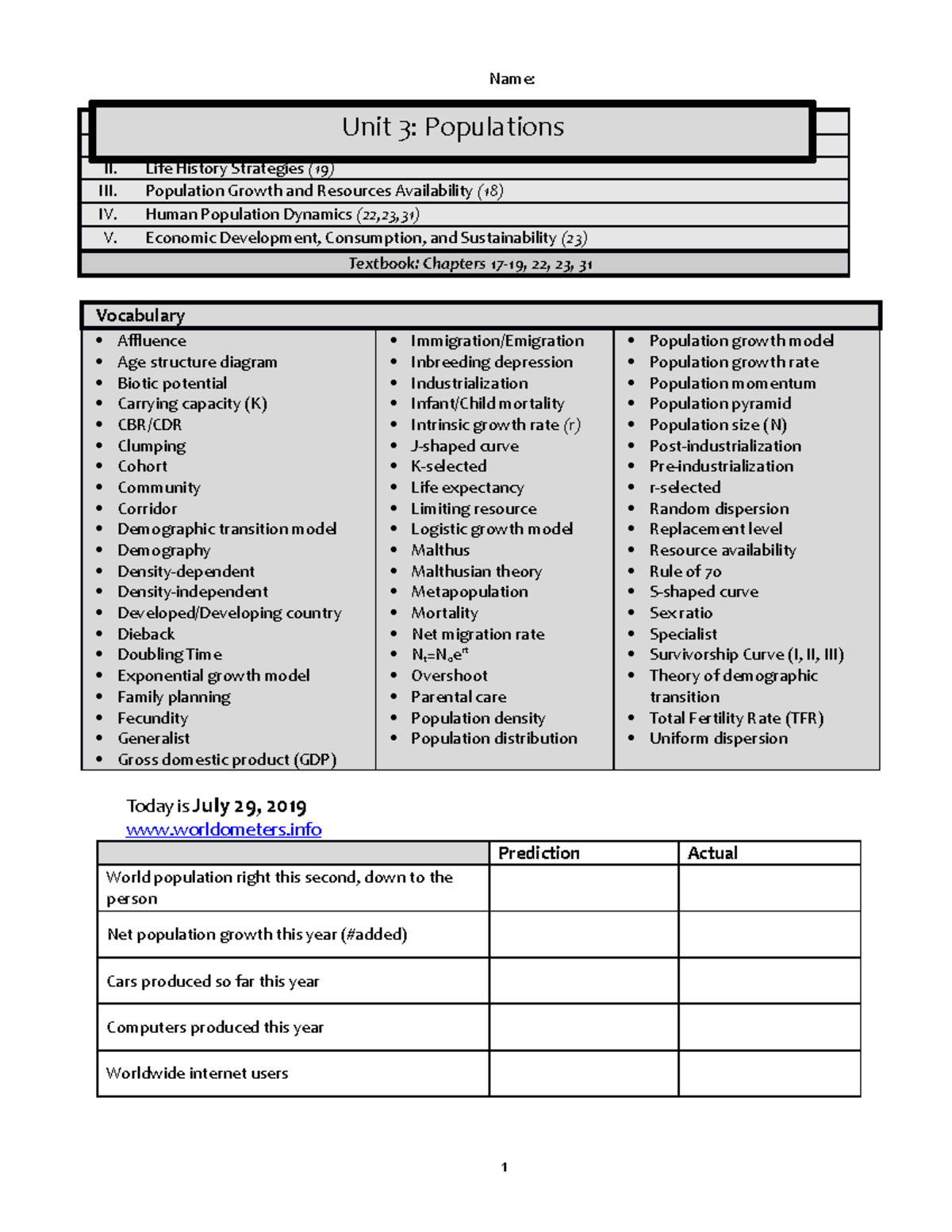 Unit 3 Packet - ####### Topics: I. Abundance and Distribution of ...