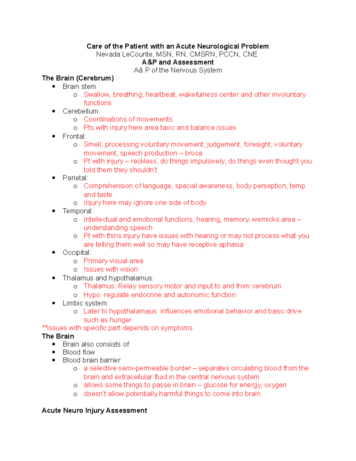 The brain outline notes - Care of the Patient with an Acute ...