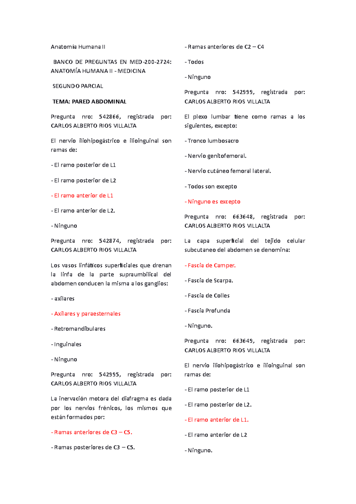 Banco de Preguntas - Anatomía Humana II - MED-200-2724 - Segundo Parcial - Document Preview