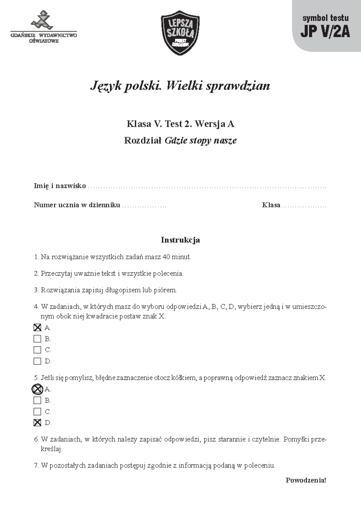 JP V/2A: Wielki Sprawdzian z Języka Polskiego - Test 2 Wersja A - Studocu
