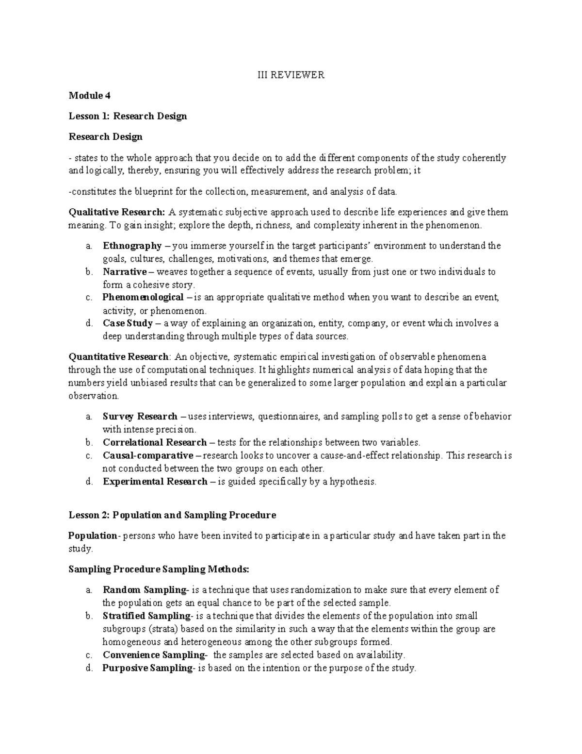 A- III Research Design & Sampling Methods Reviewer - Studocu