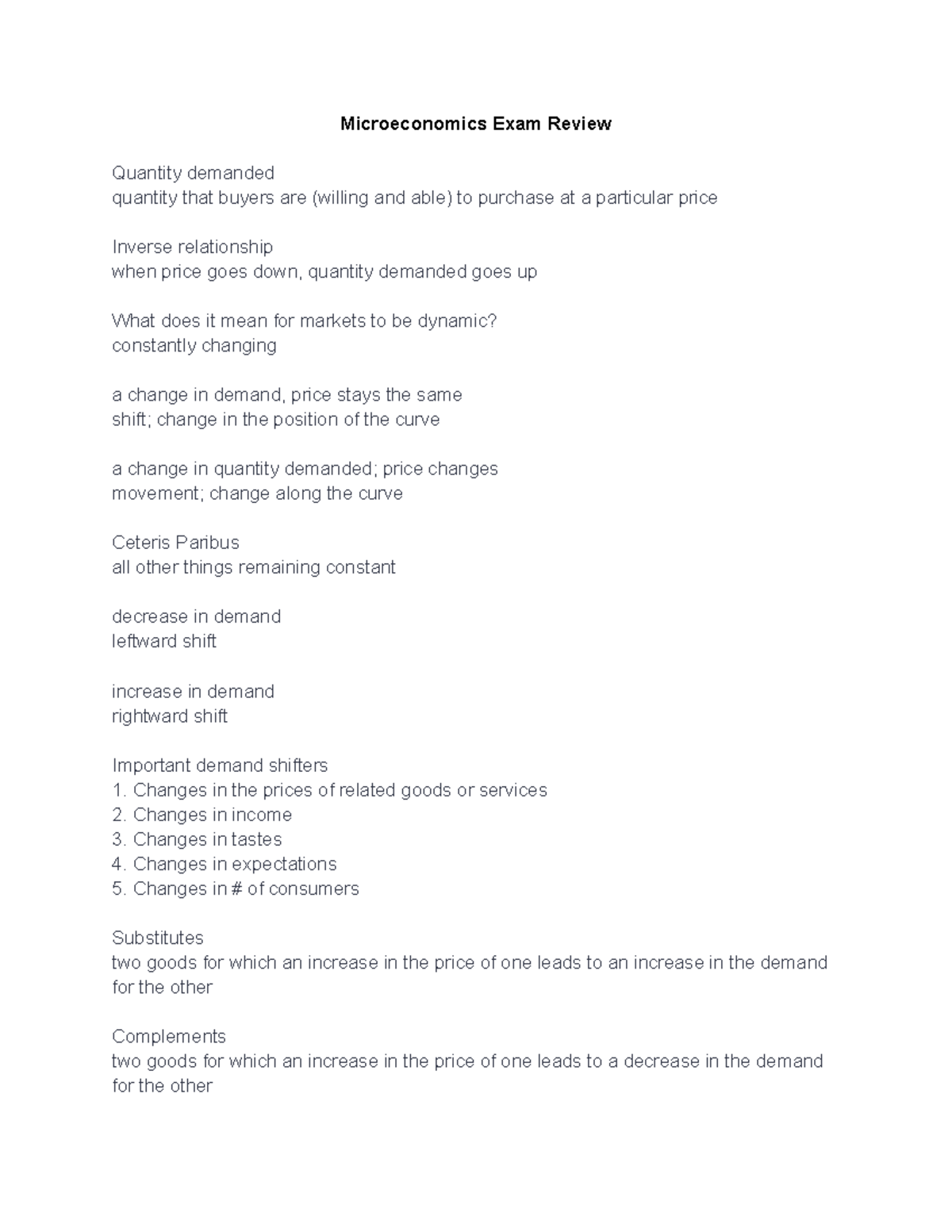 Microeconomics Review Notes for Exam: Key Concepts and Definitions ...