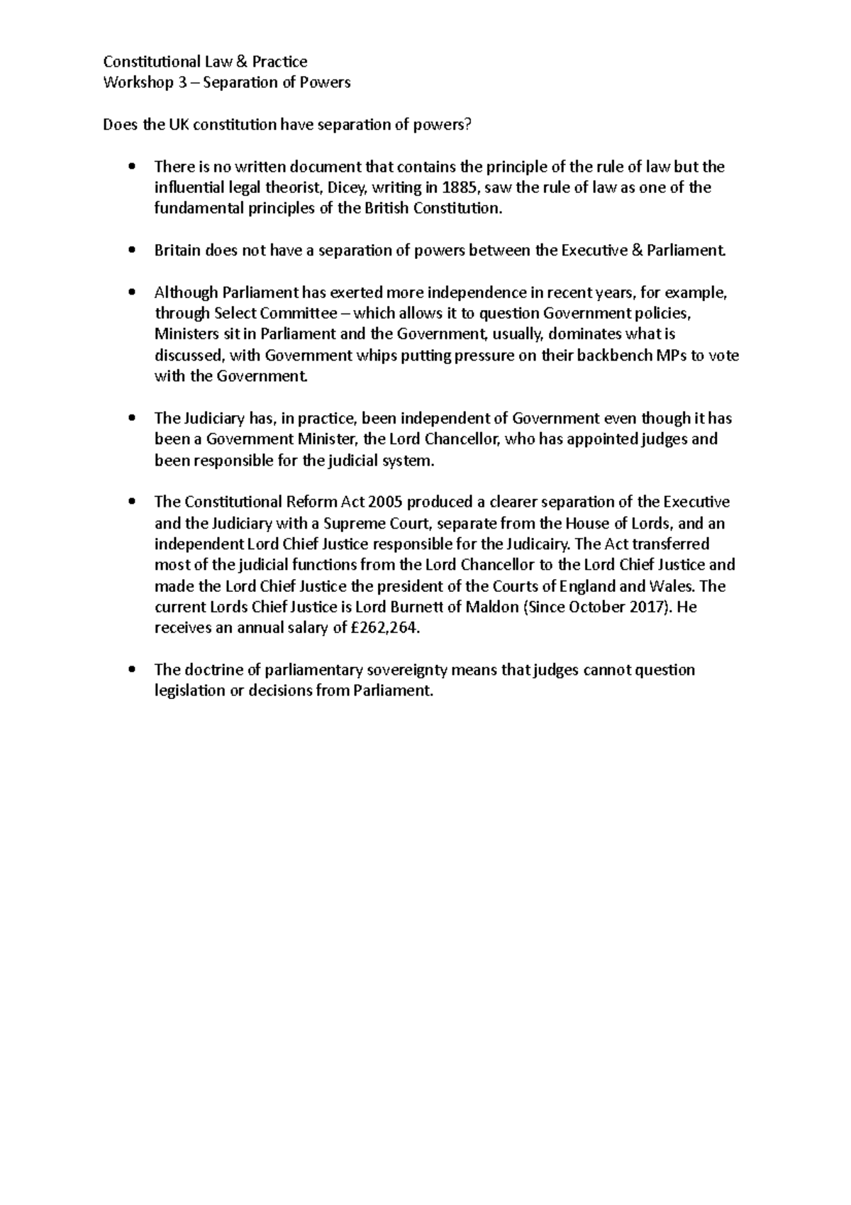 Separation of Powers notes - Constitutional Law & Practice Workshop 3 ...