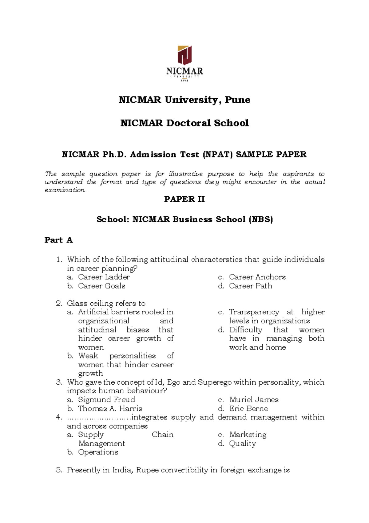 Sample Question Paper - Paper II - NPAT for NICMAR Ph.D. Admission ...
