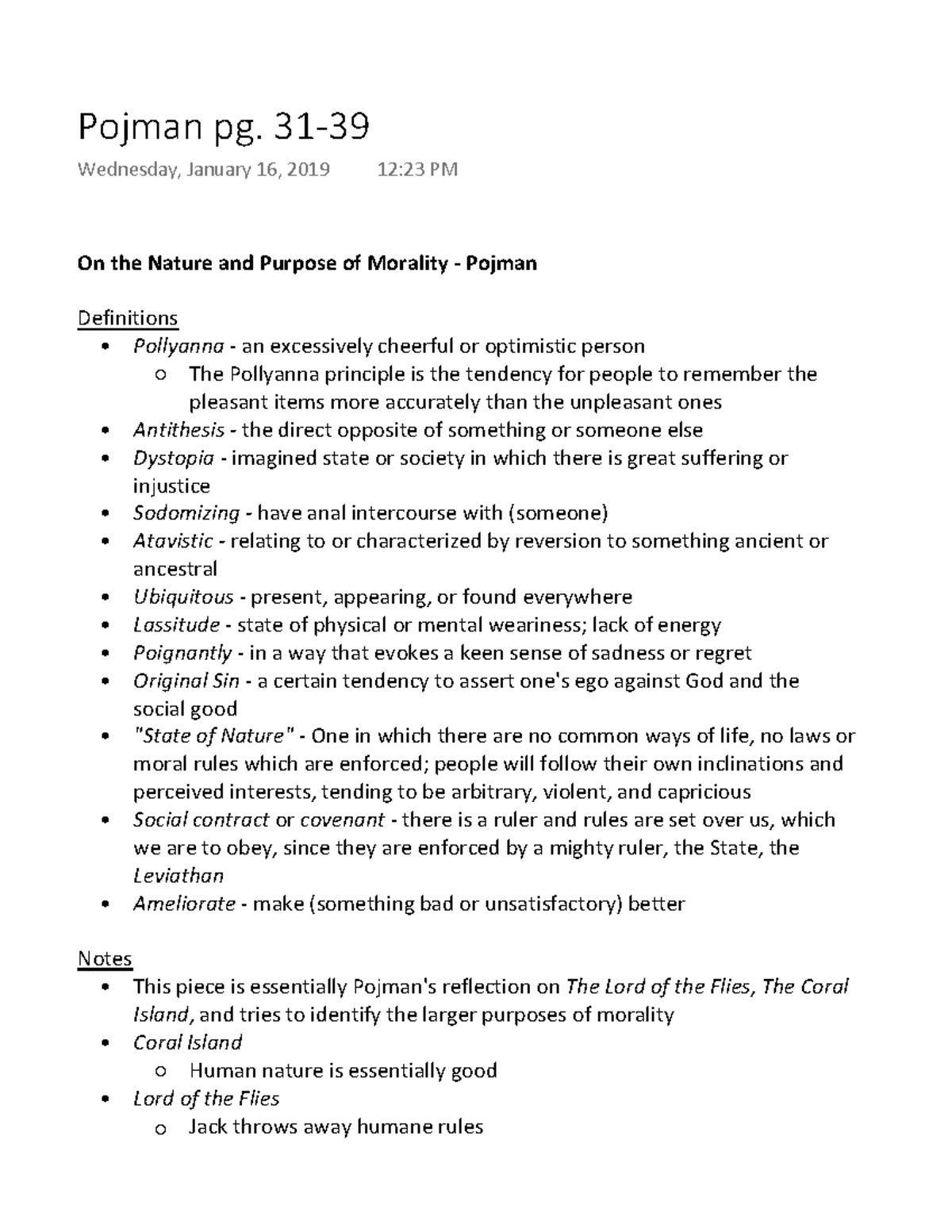 Pojman pg. 31-39 - Summary of Morality's Nature and Purpose in Ethics ...