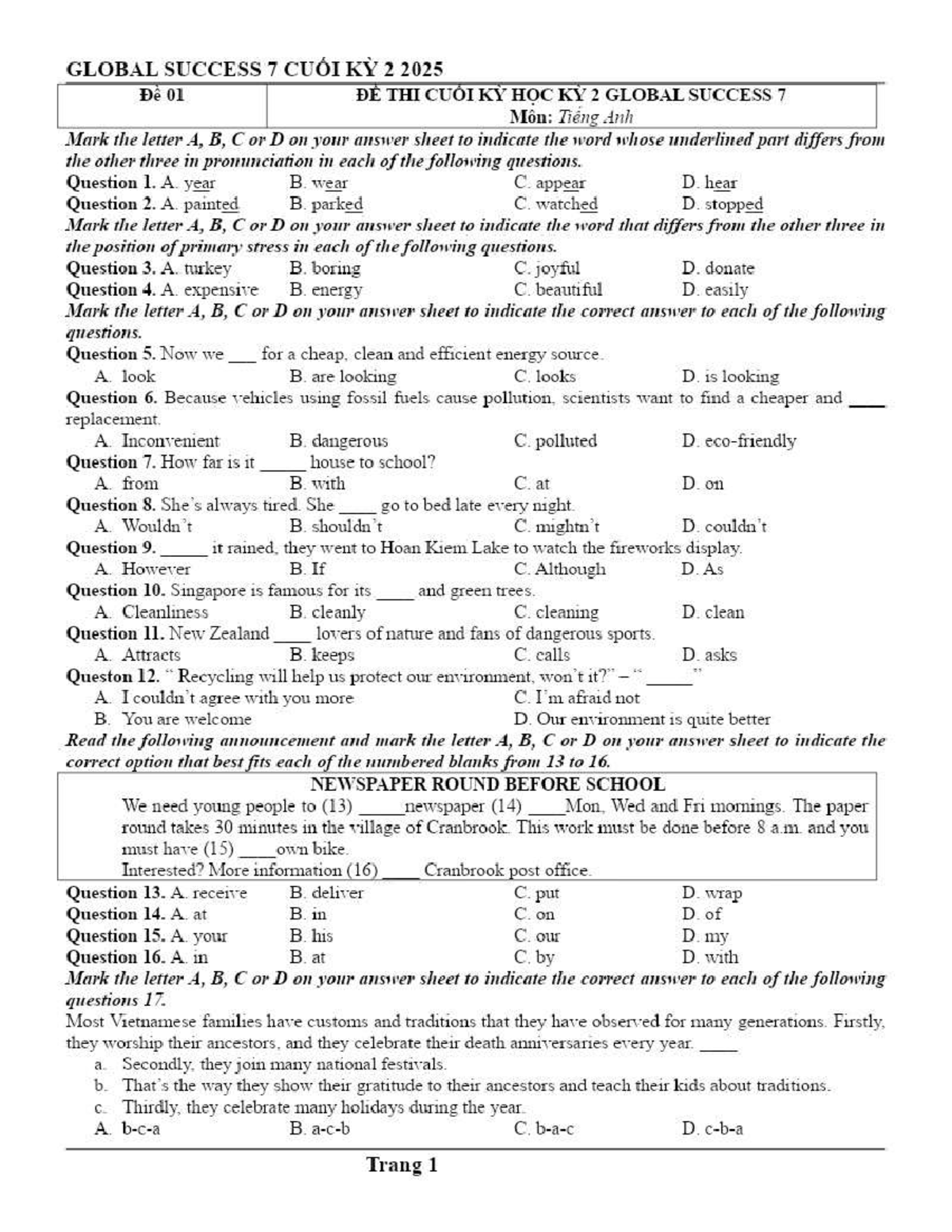 GLOBAL SUCCESS 7 CUỐI KỲ 2 2025 Đề Thi Cuối Kỳ Môn Tiếng Anh 7 - Document Preview