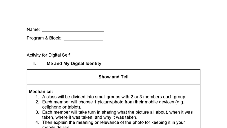Digital Self Activity: Show and Tell Mechanics for Block I - Studocu