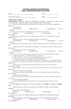 2nd Summative Test for Quarter II in Oral Communications SY 2021 - Studocu