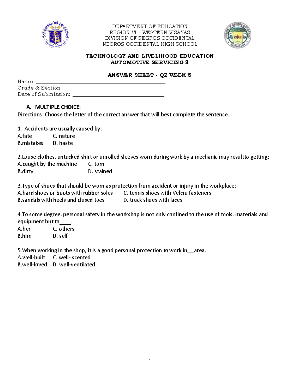 Automotive 8 Q2 Week 5 Answer Sheet - 1 DEPARTMENT OF EDUCATION REGION ...
