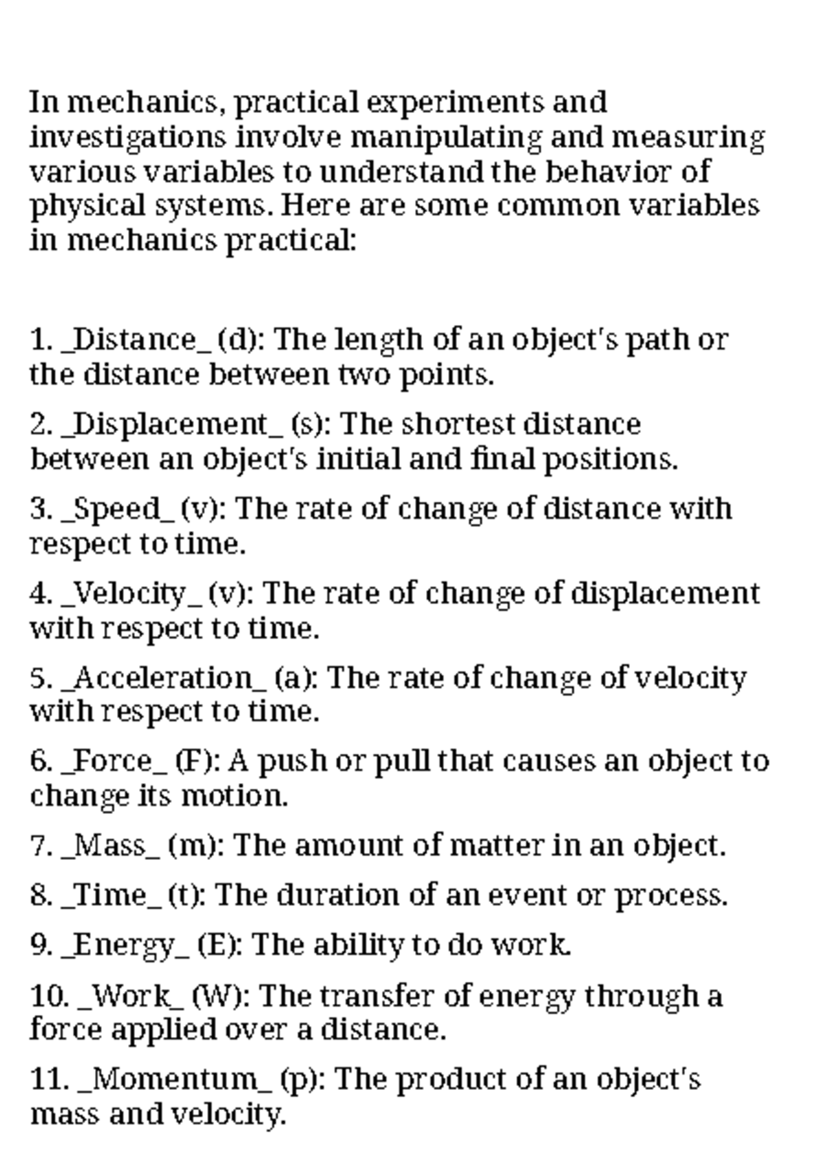 Mechanics Variables: Key Concepts for Practical Experiments - Studocu