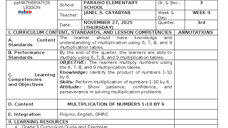 MATHEMATICS LESSON: Multiplication Tables (Gr. 3, Week 4) - Studocu